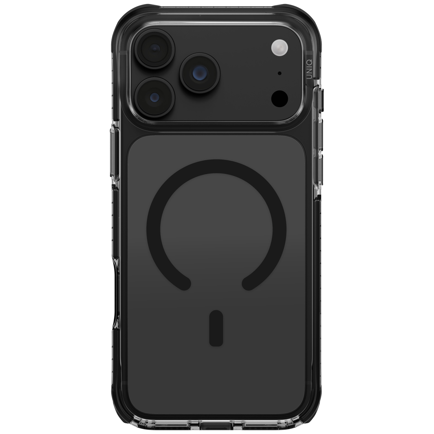 Dos d'un smartphone noir dans une coque transparente avec triple capteur photo et anneau MagSafe.