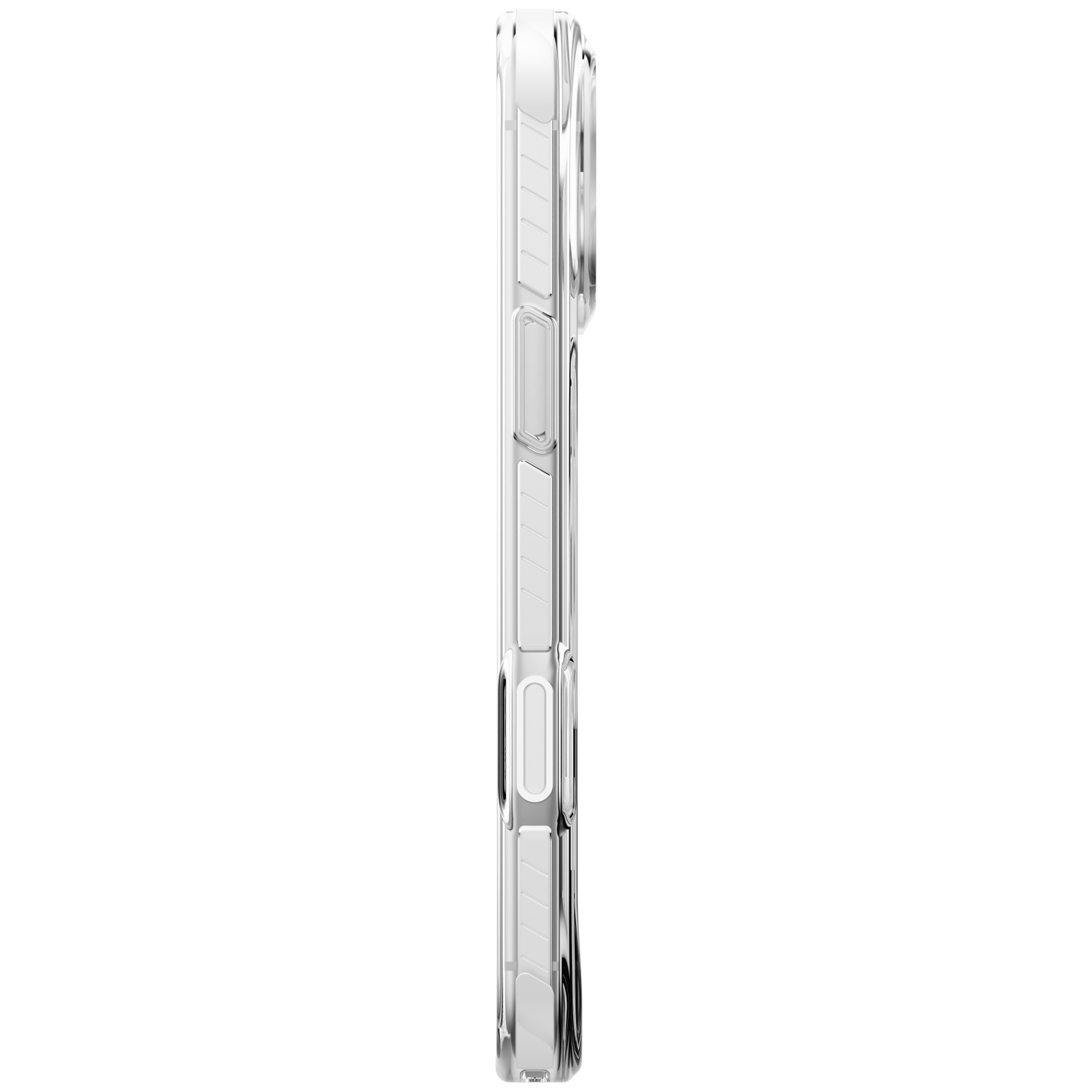 Vue latérale d'une coque de téléphone transparente avec boutons et ports sur fond blanc.