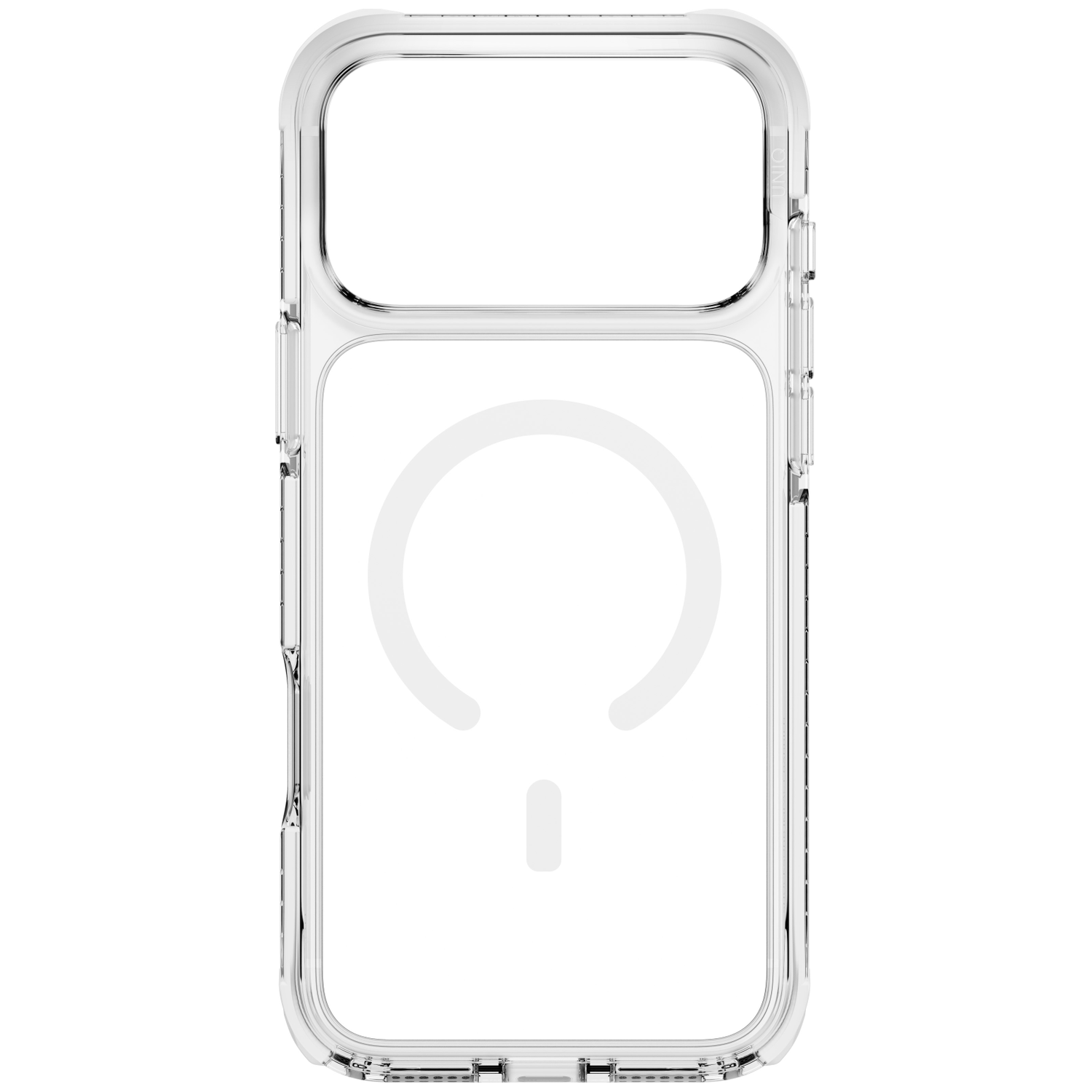 Une coque de smartphone transparente avec un anneau MagSafe à l'arrière et un contour de caméra renforcé.