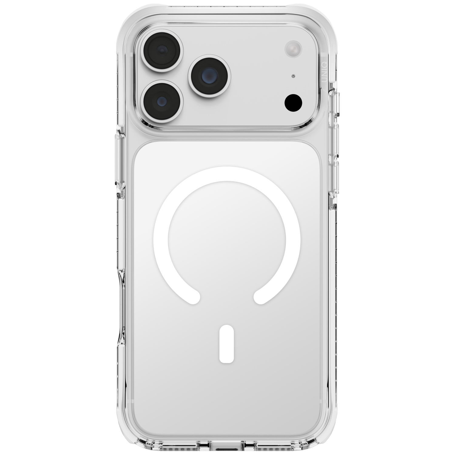 Une coque transparente avec un anneau MagSafe à l'arrière et un triple appareil photo.