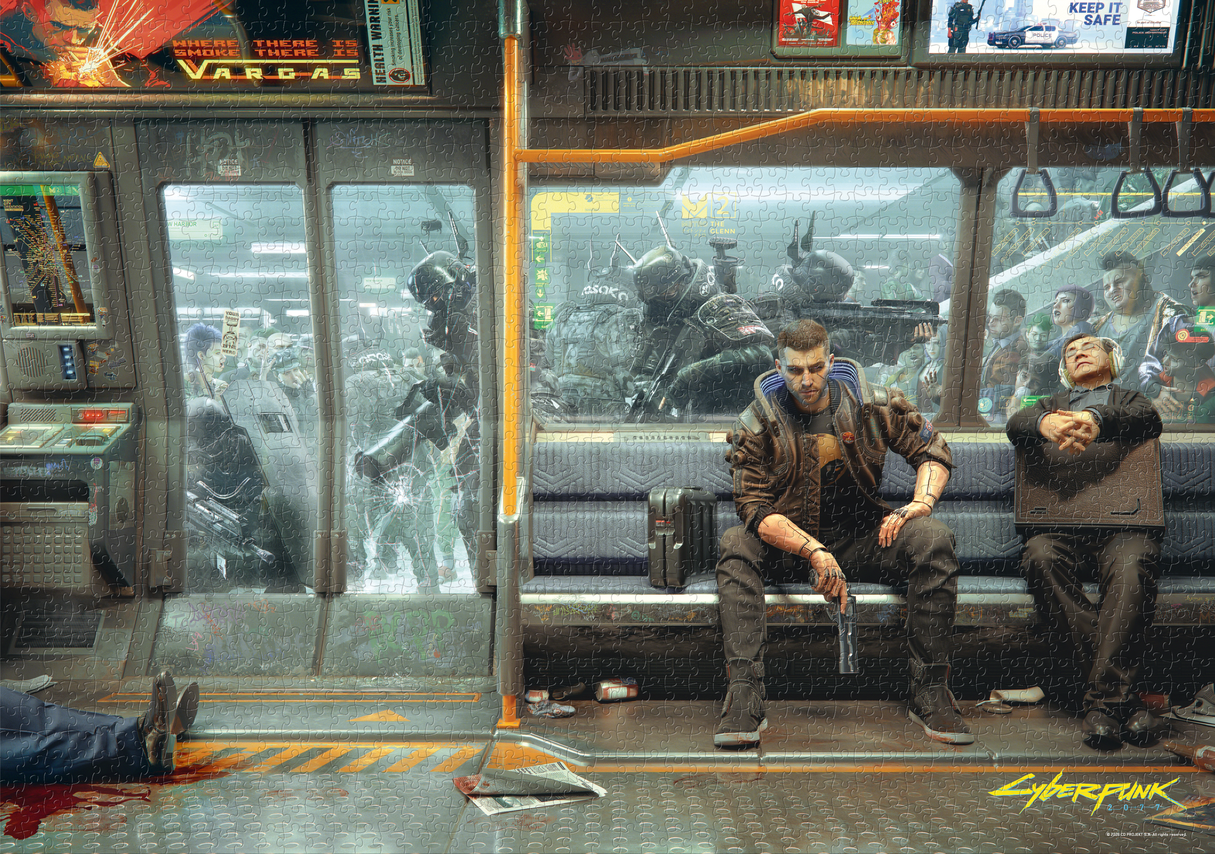 Cyberpunk metrójelenet kint fegyveres katonákkal és egy fegyveres férfival bent.