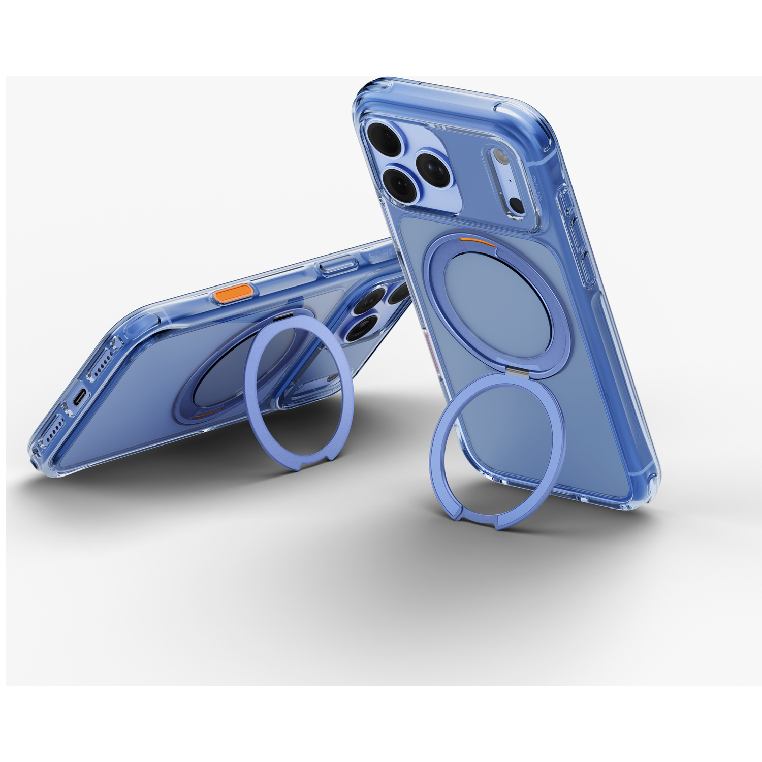 Deux coques de téléphone bleues avec anneaux pliables intégrés sur fond clair.
