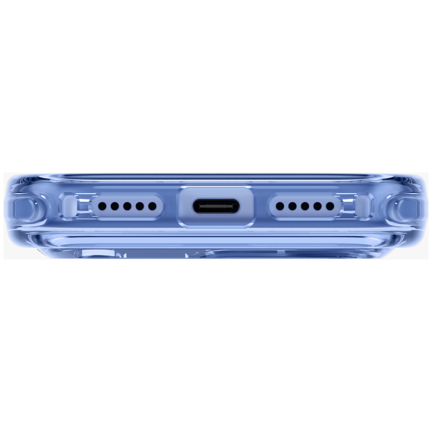 Vue inférieure d'un smartphone bleu clair avec coque transparente, montrant un port USB-C central, des haut-parleurs.