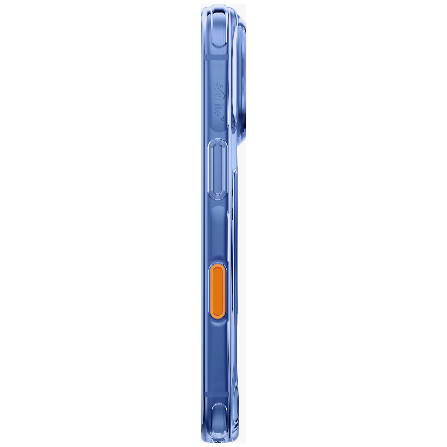Vue latérale d'une coque de smartphone bleue avec boutons intégrés et un bouton orange.