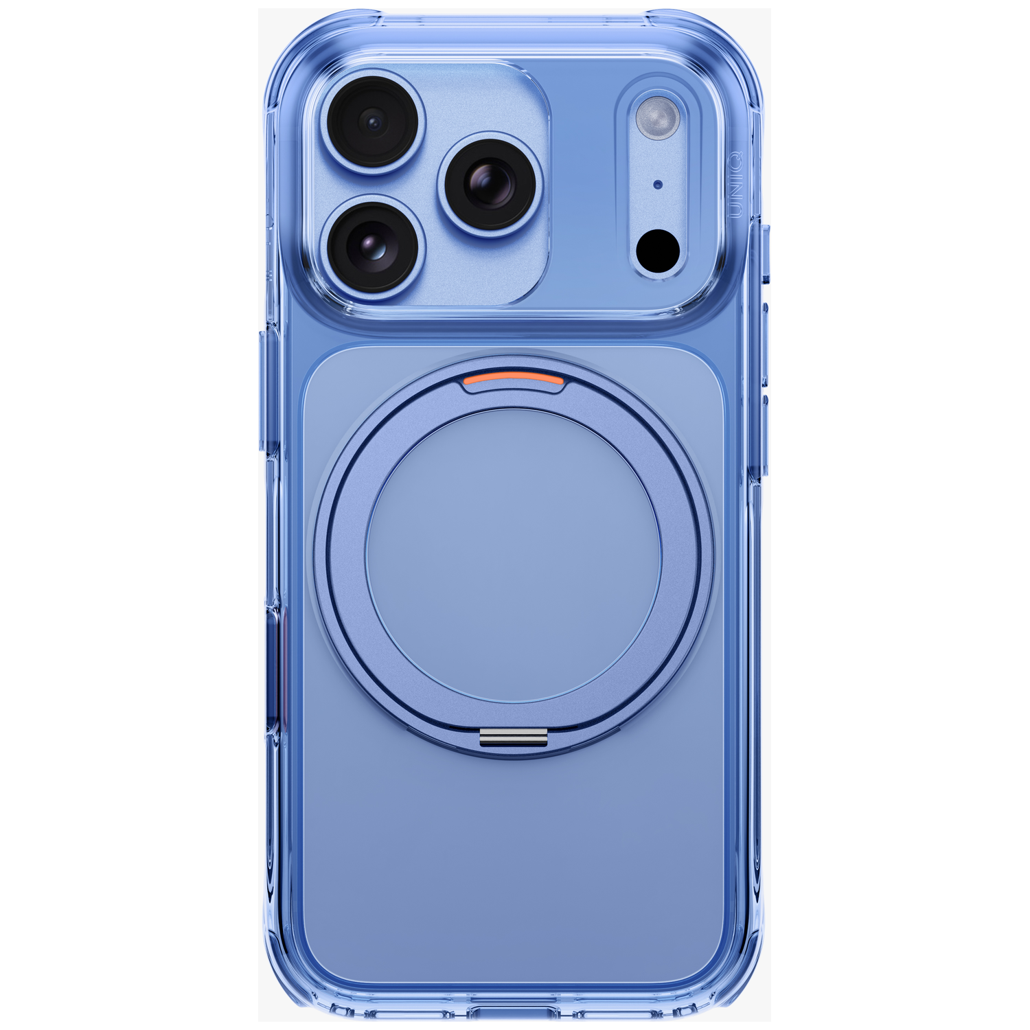 Coque de téléphone bleue avec support rond intégré et découpes pour trois caméras à l'arrière.