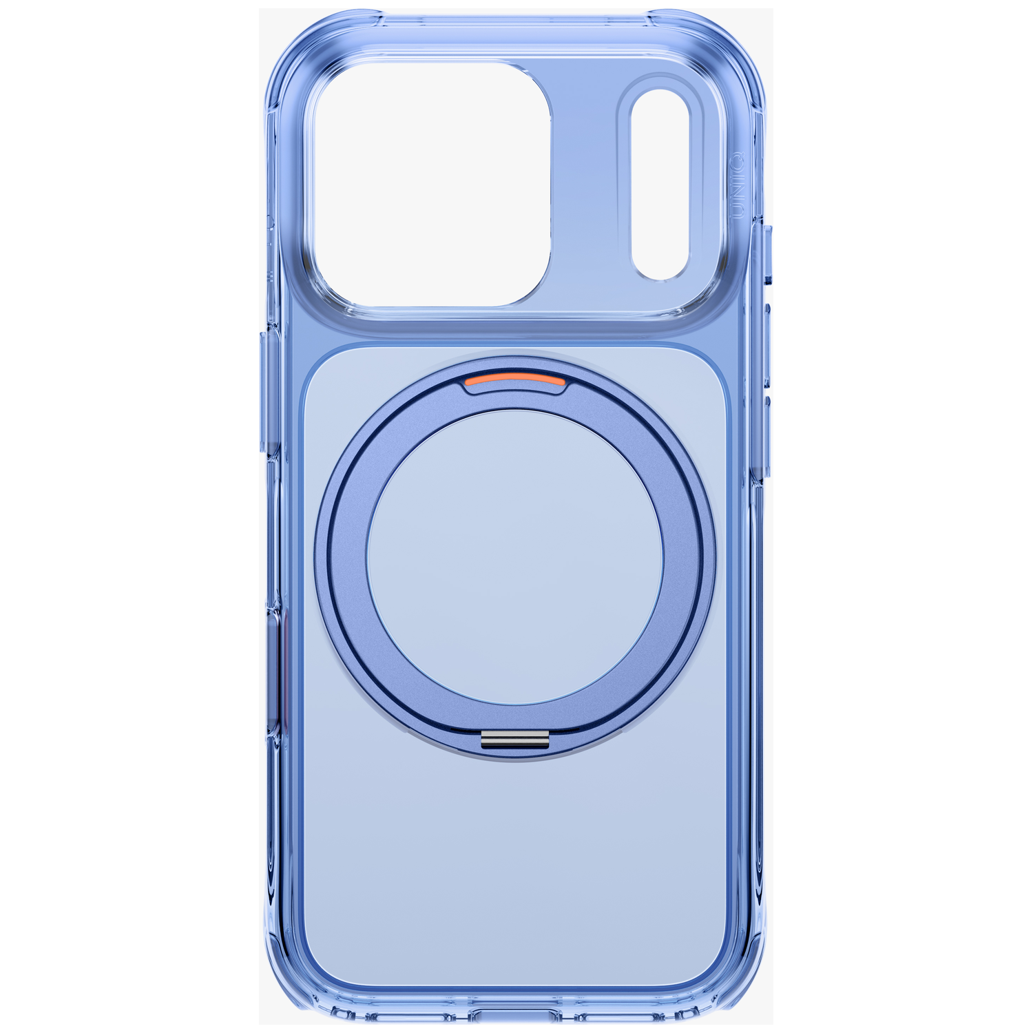 Coque de téléphone bleue transparente avec anneau MagSafe sur fond blanc.