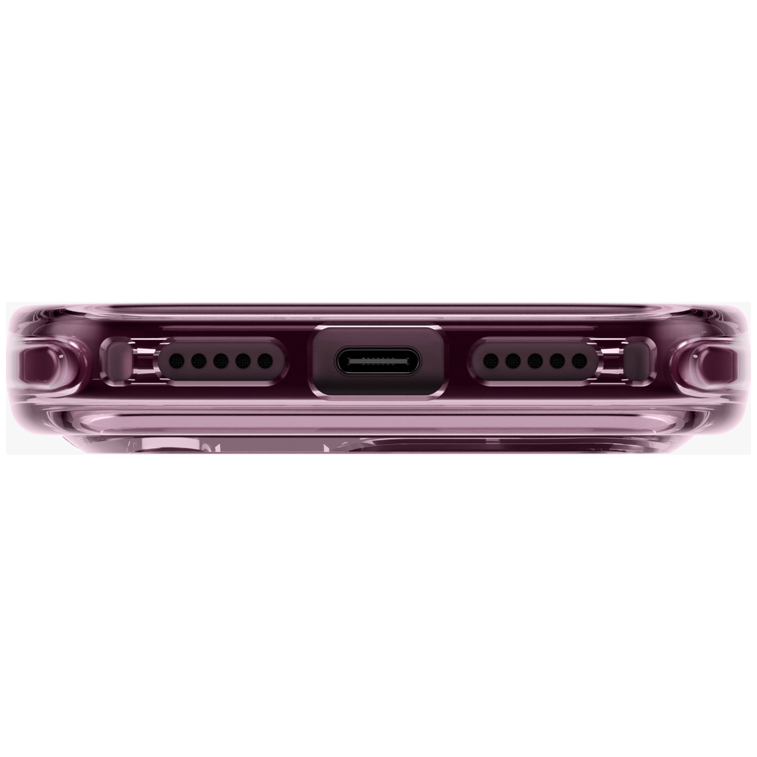 Vue de dessous d'un smartphone rose avec port USB-C et haut-parleurs.