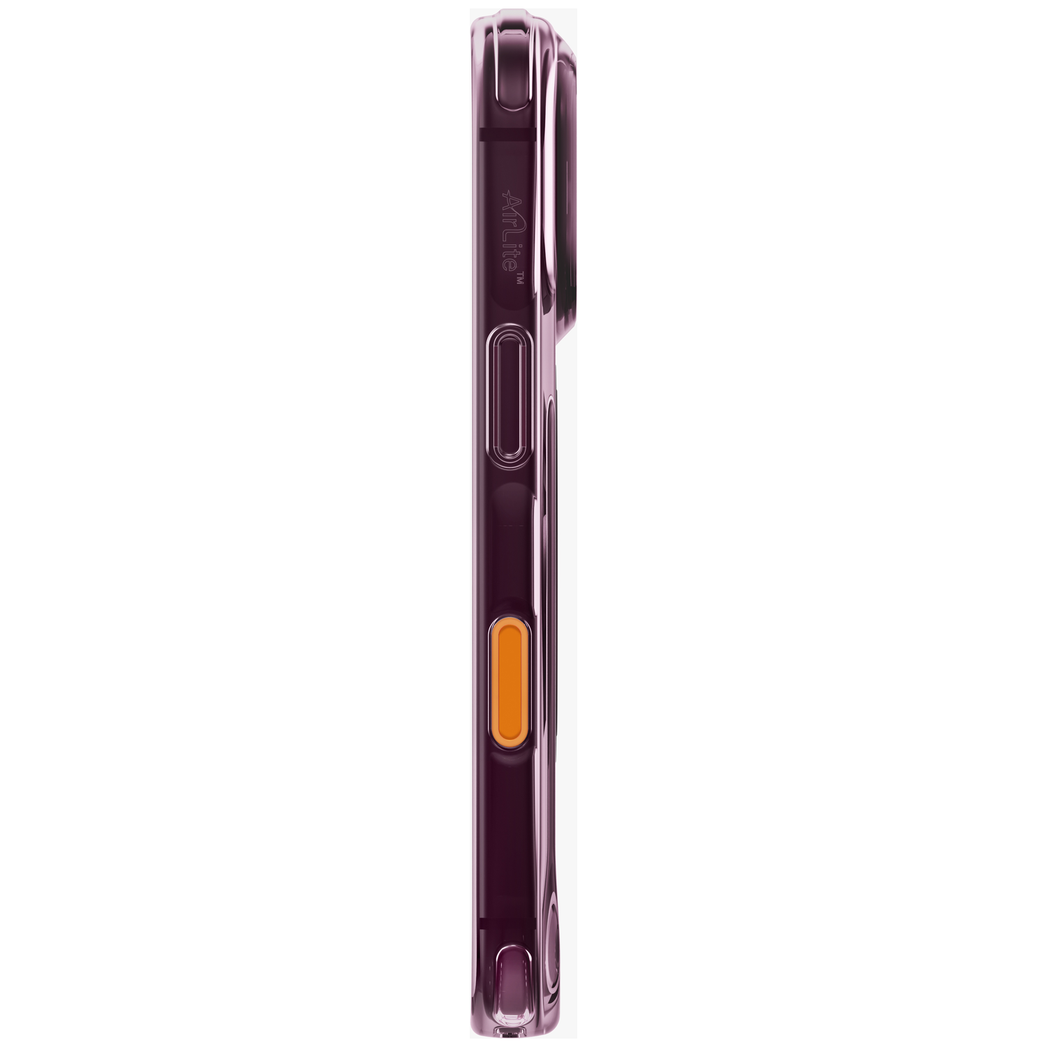 Vue latérale d'une coque de smartphone violette translucide avec un bouton d'alimentation orange.
