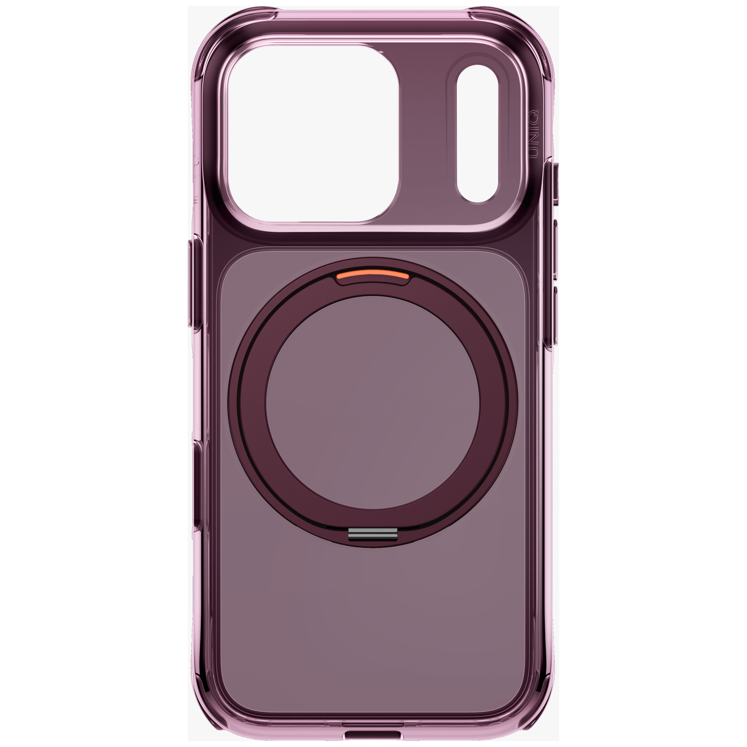 Une coque de téléphone violette brillante avec un anneau magnétique rond intégré et de grandes découpes pour appareil photo.