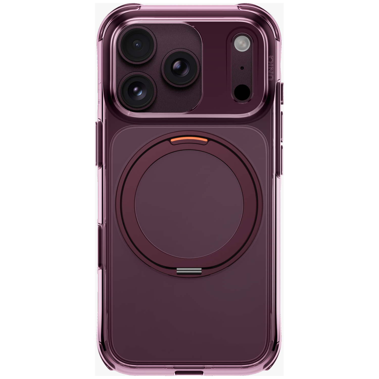 Une coque de smartphone violette métallique avec un anneau magnétique circulaire à l'arrière.