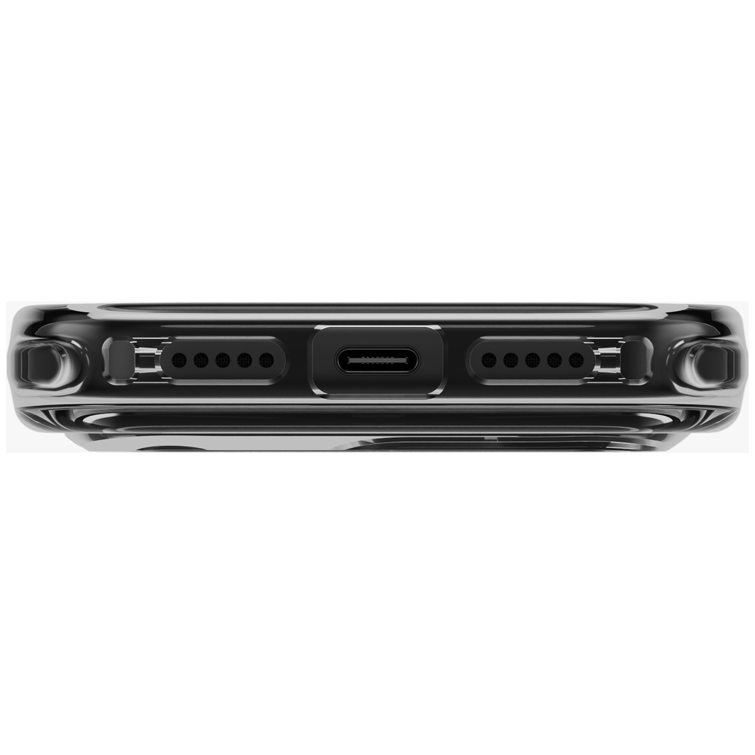 Vue du bas d'un smartphone avec port USB-C central, encadré par des grilles de haut-parleurs sur fond blanc.