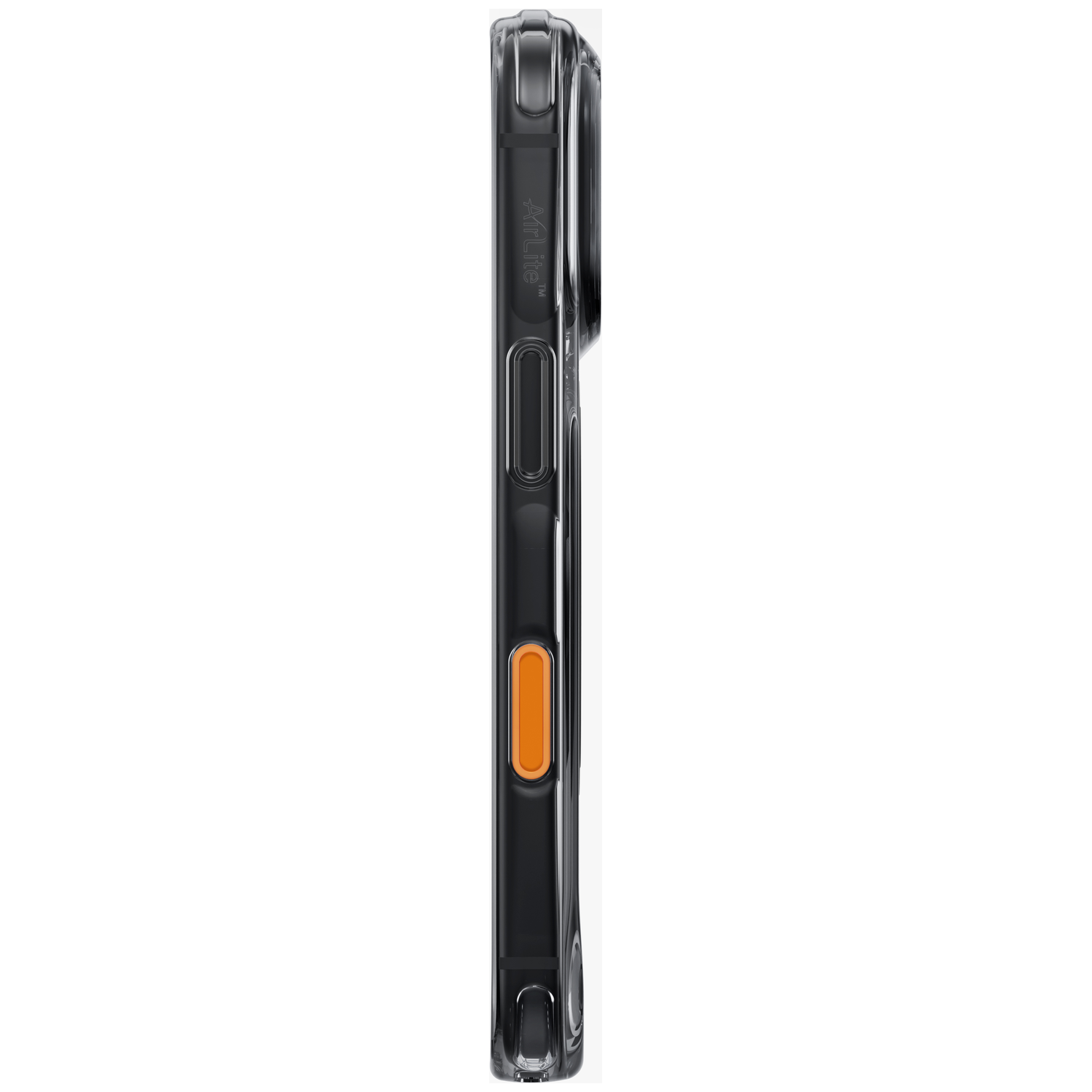 Vue latérale d'une coque de protection noire pour smartphone avec des boutons intégrés et un bouton orange distinct.