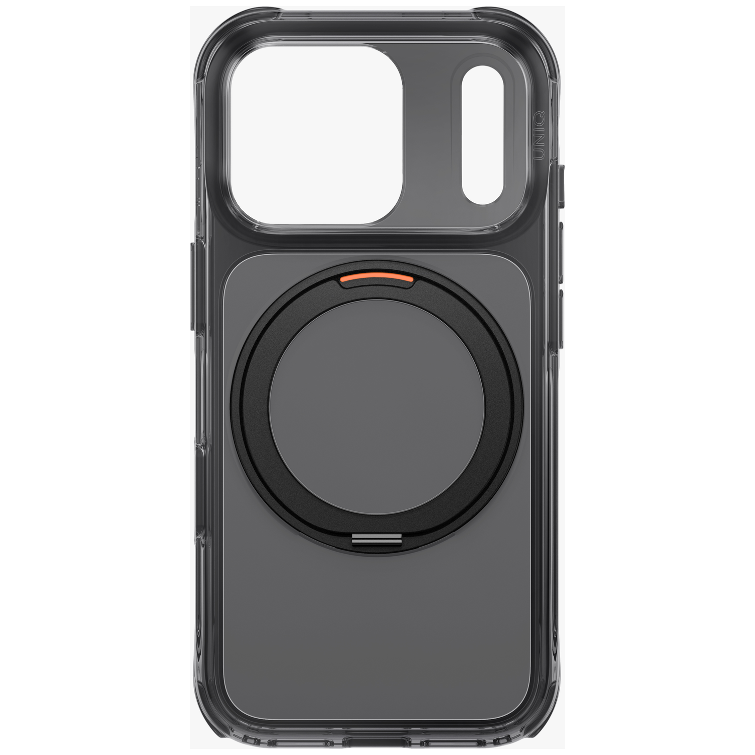 Une coque de téléphone gris foncé transparente avec un anneau magnétique circulaire à l'arrière.