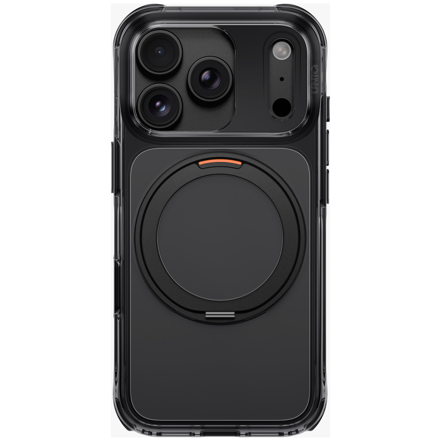 Un smartphone noir dans une coque de protection transparente avec un anneau magnétique.