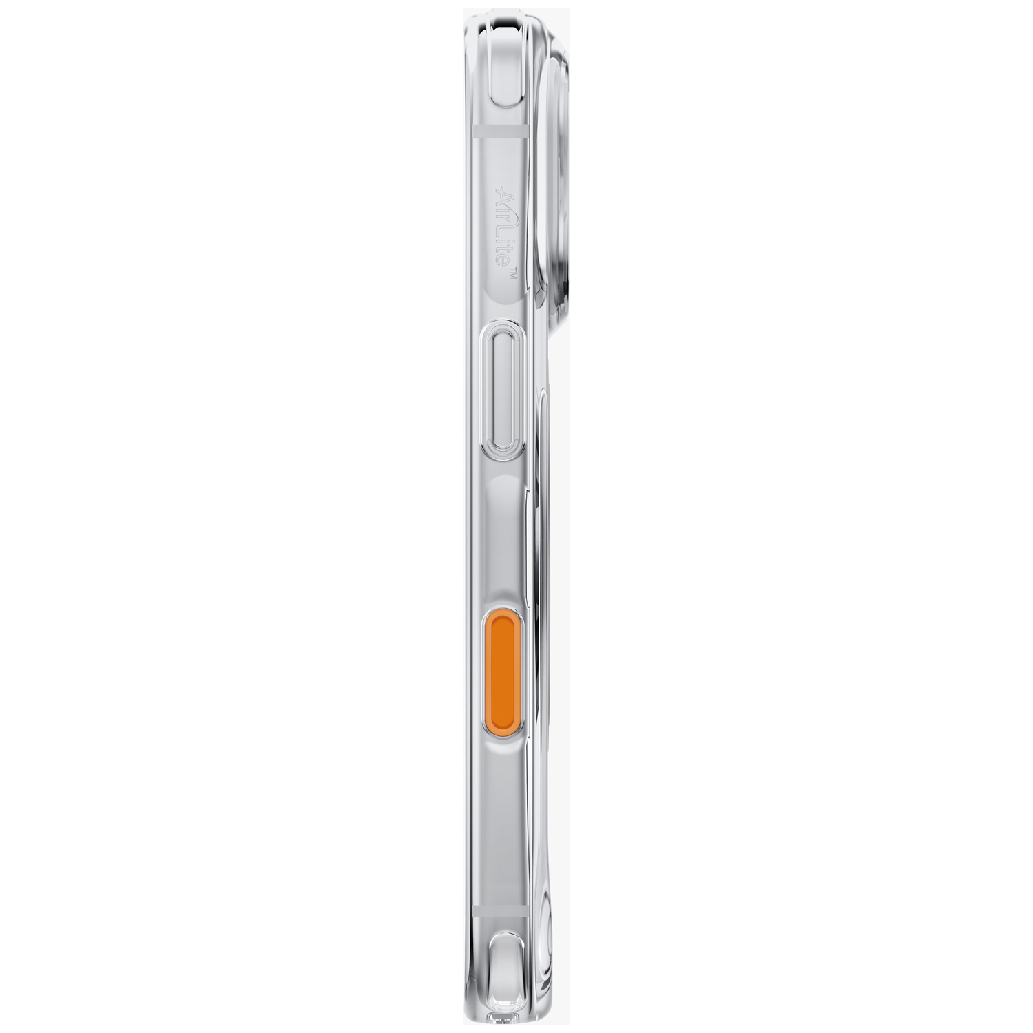 Vue latérale d'une coque de smartphone transparente avec bordure argentée et bouton orange sur fond blanc.