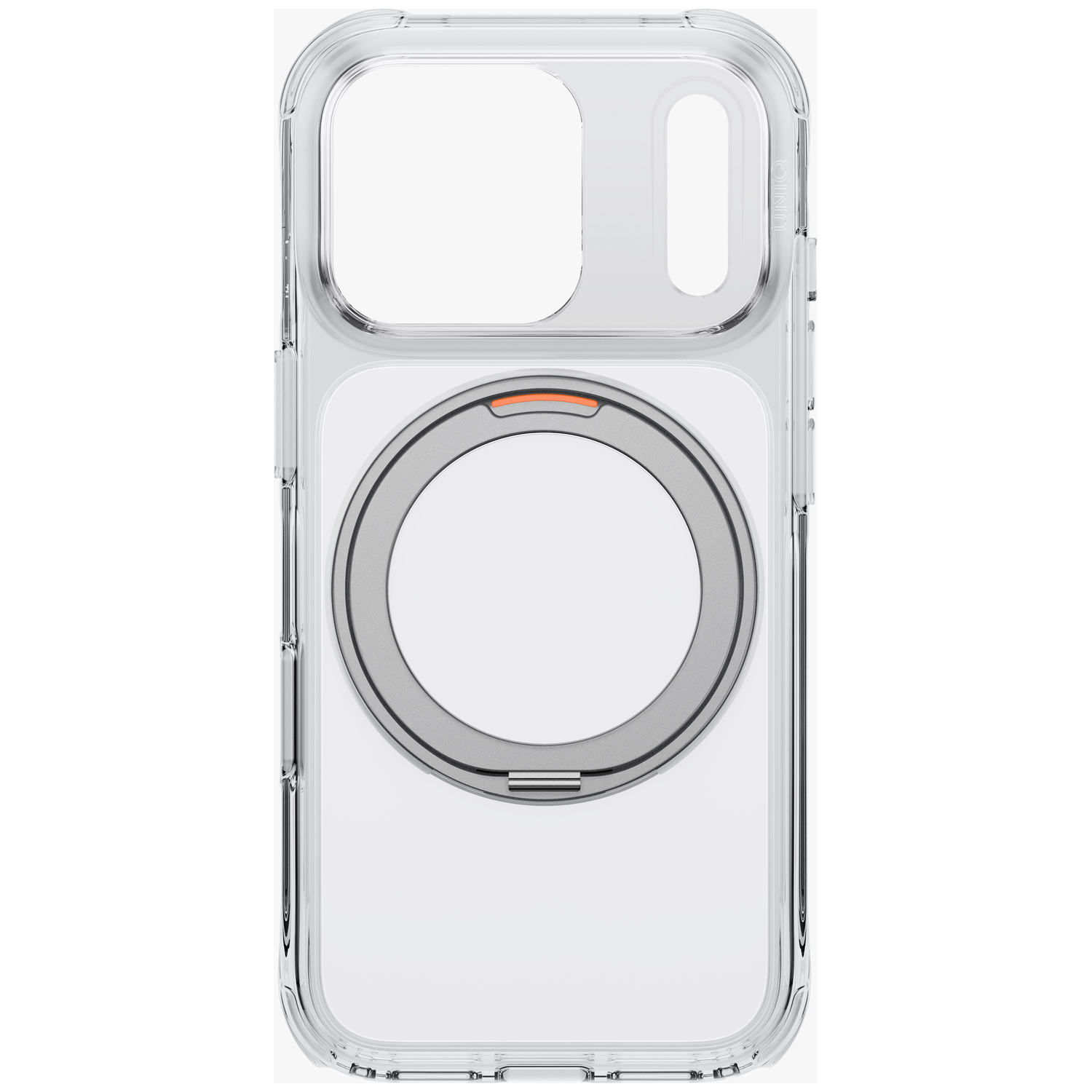 Coque de téléphone transparente avec anneau MagSafe argenté intégré et découpe pour appareil photo sur fond blanc.