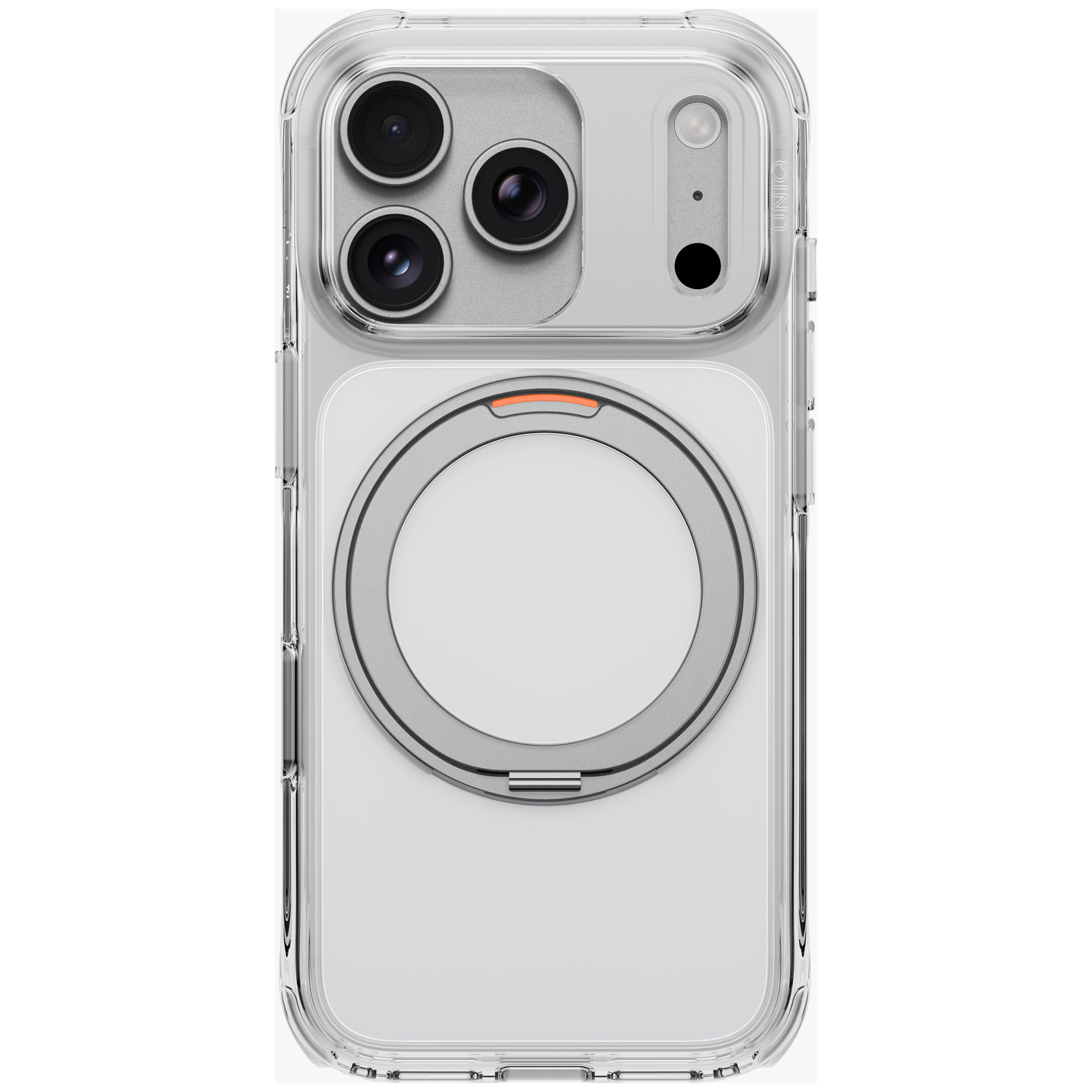 Coque de smartphone transparente avec anneau magnétique intégré au dos et module à triple caméra.