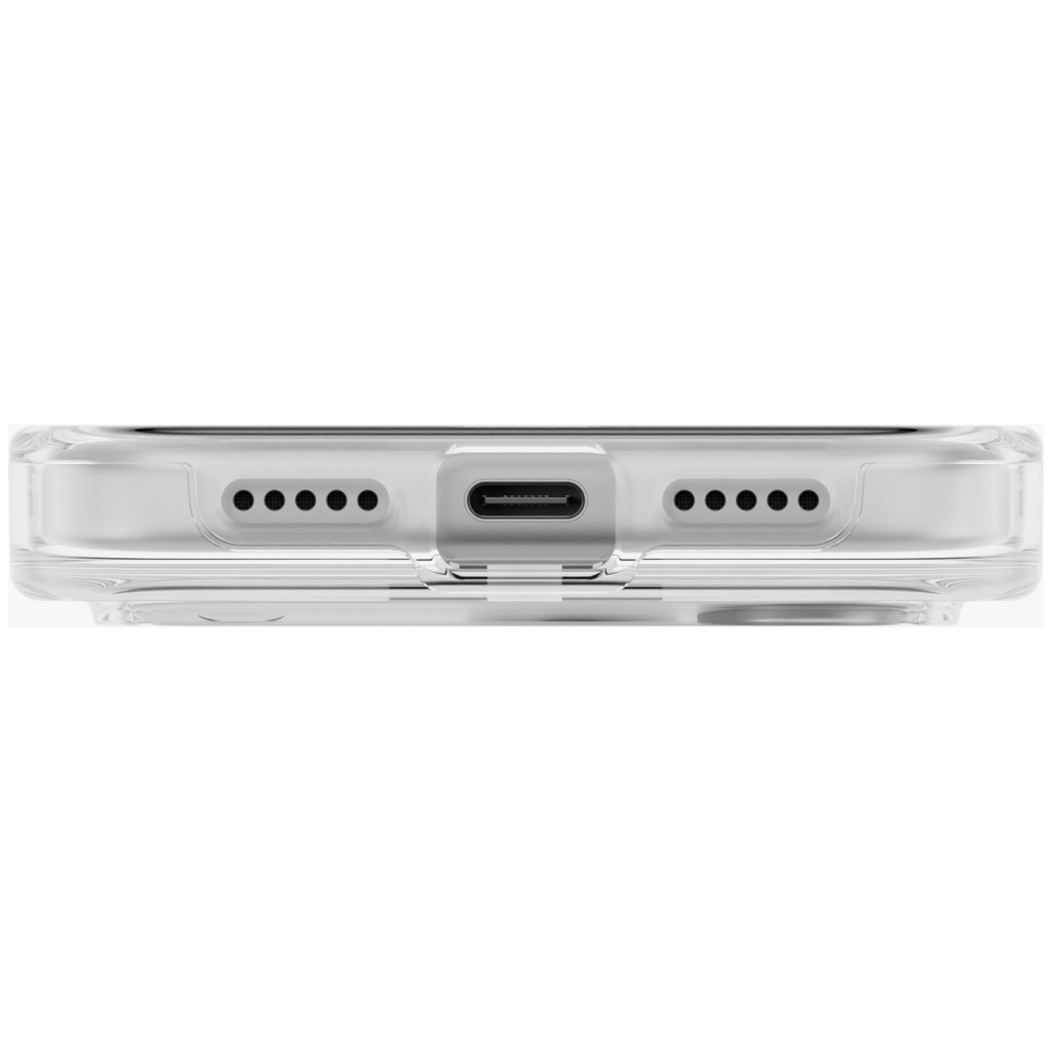Vue inférieure d'un smartphone dans une coque transparente, montrant un port USB-C central et deux grilles de haut-parleur.