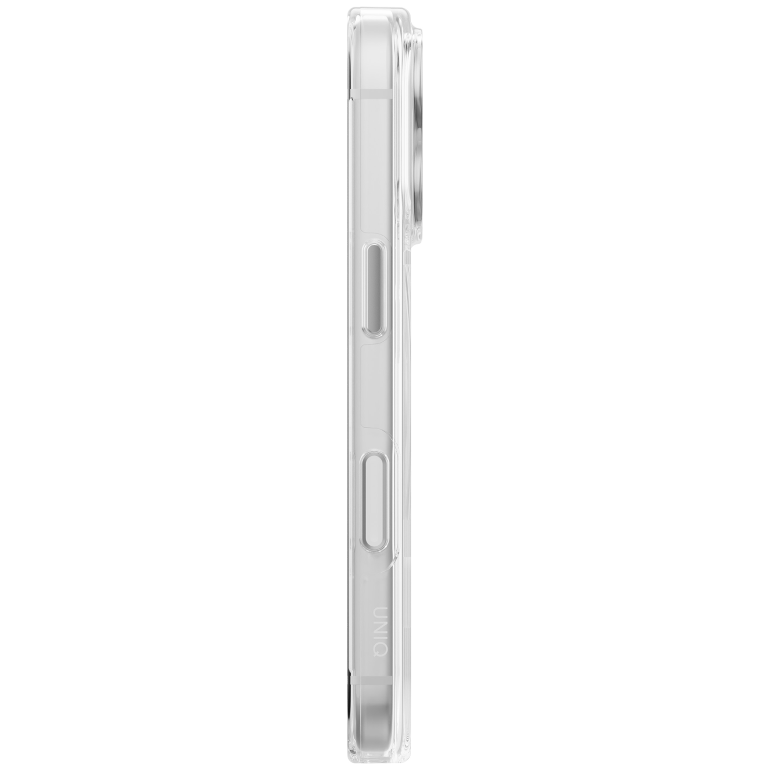 Vue latérale d'une coque de téléphone transparente sur un smartphone avec des boutons visibles.