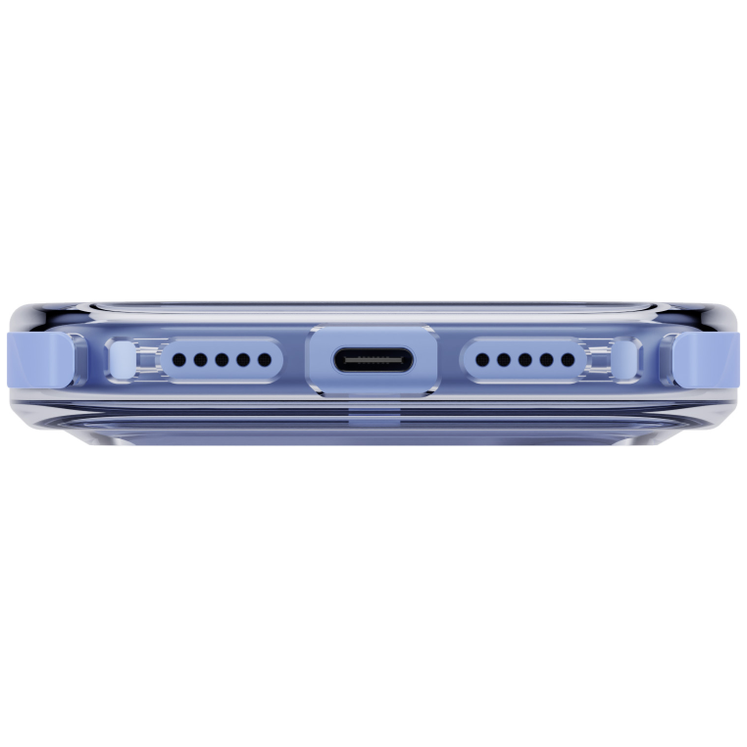 Vue du bas d'un smartphone dans une coque bleu clair, montrant le port USB-C, les grilles de haut-parleur et le micro.