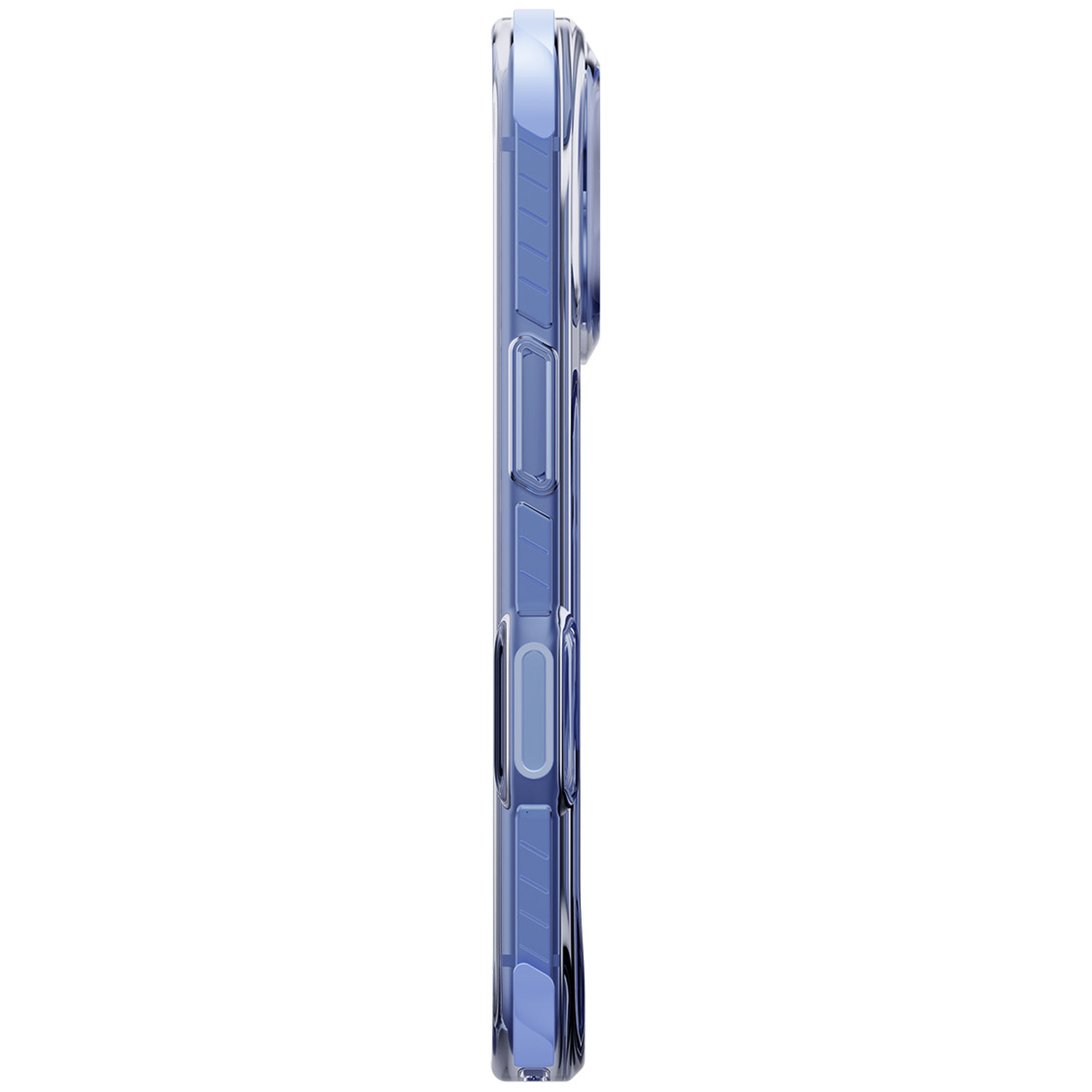 Vue latérale d'une coque de smartphone bleue avec boutons visibles sur fond blanc.