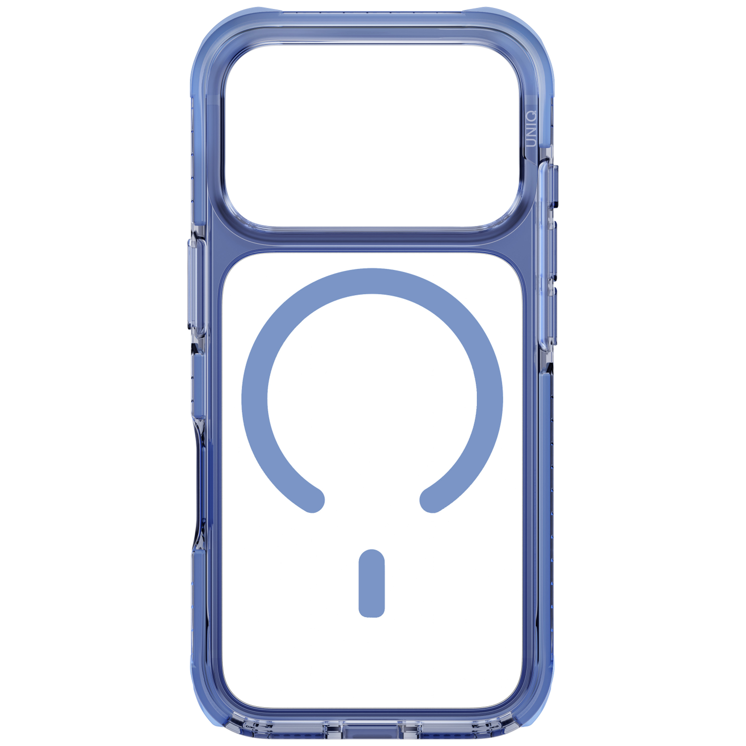 Coque de téléphone bleue transparente avec anneau de charge magnétique et découpe pour l'appareil photo.