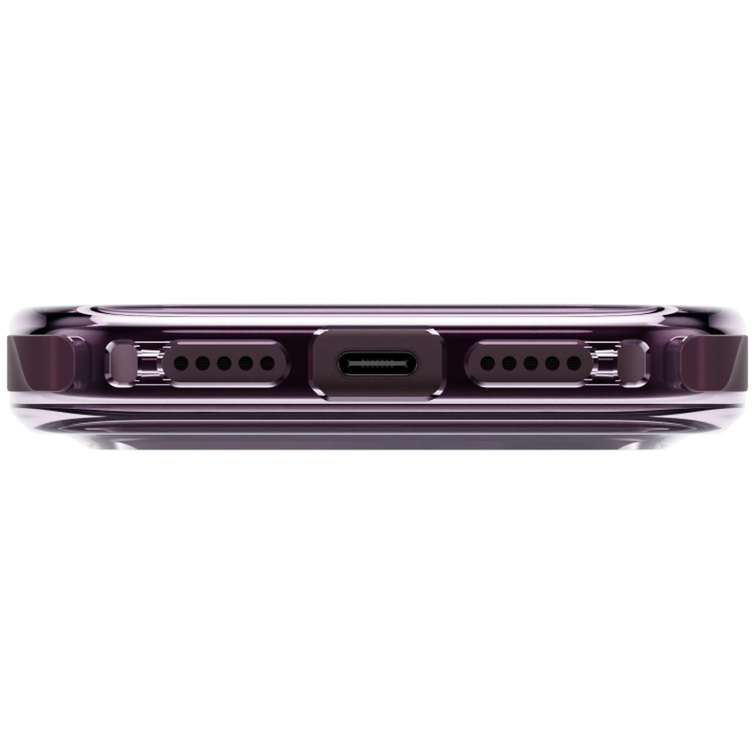 Vue du bas d'un smartphone violet montrant un port USB-C et des grilles de haut-parleur sur fond blanc.