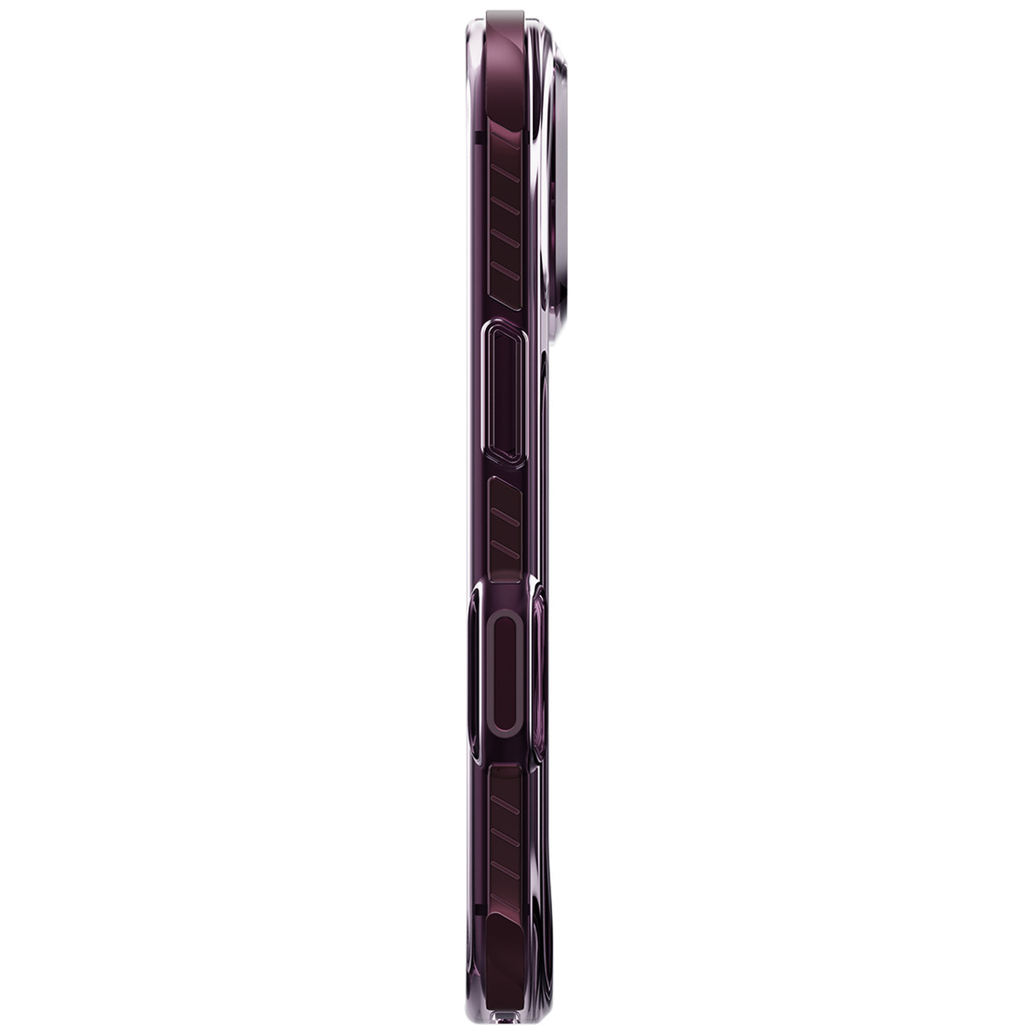 Vue latérale d'une coque de smartphone violette brillante avec boutons visibles.