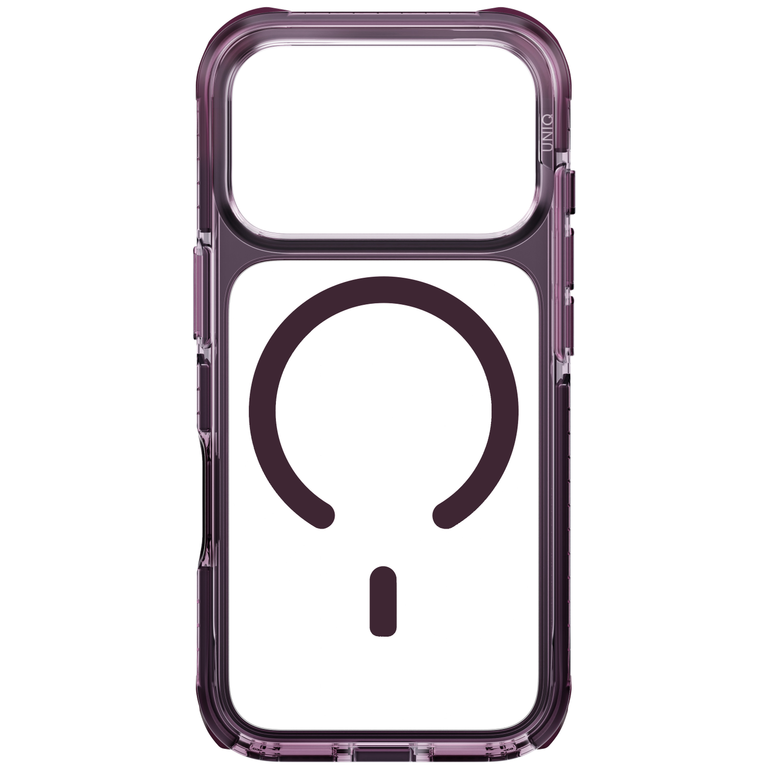 Coque de téléphone transparente avec cadre violet et symbole de cercle magnétique à l'arrière.
