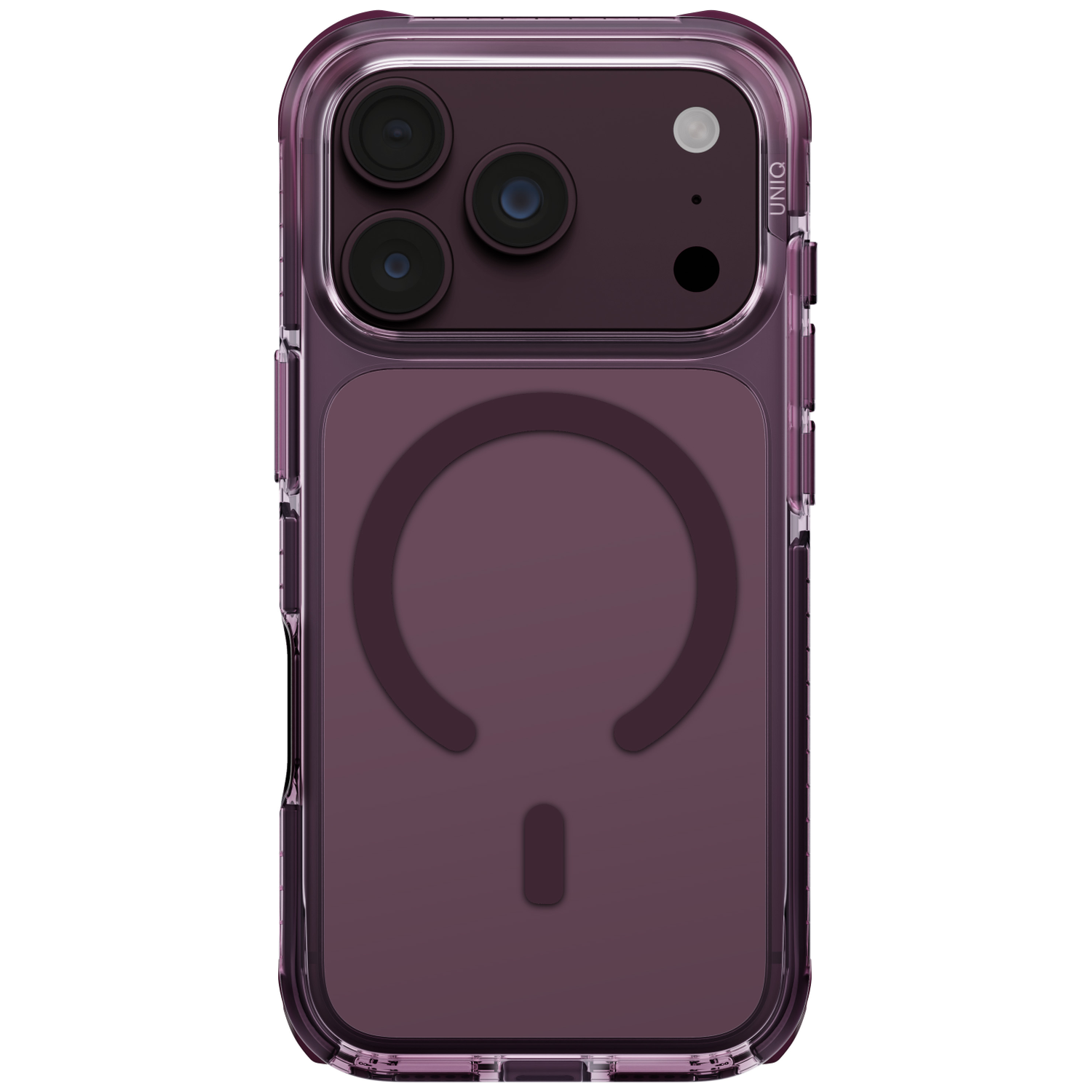 Smartphone violet dans une coque transparente avec triple appareil photo et anneau MagSafe.