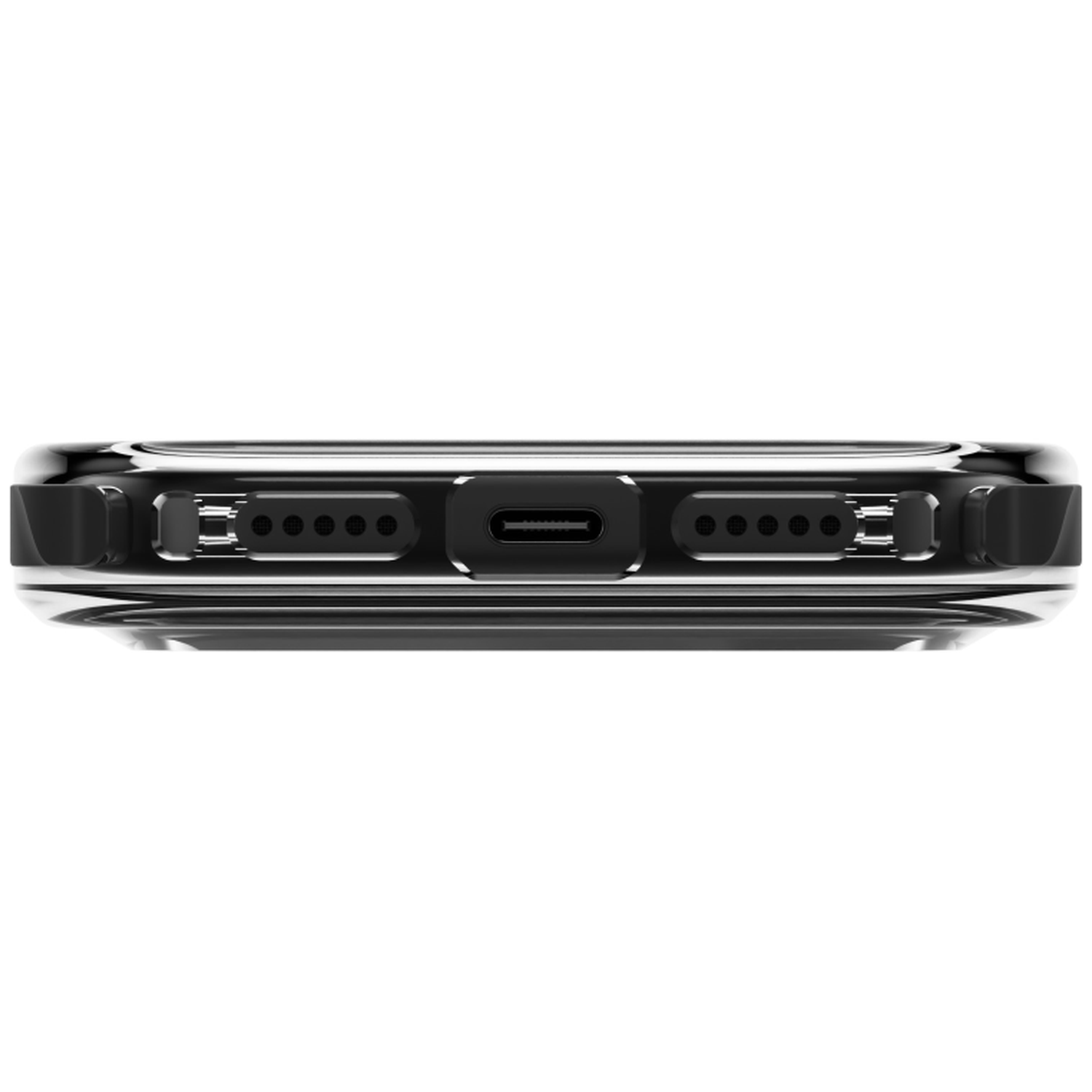 Vue inférieure d'un smartphone avec port USB-C, haut-parleurs et coque de protection sur fond blanc.