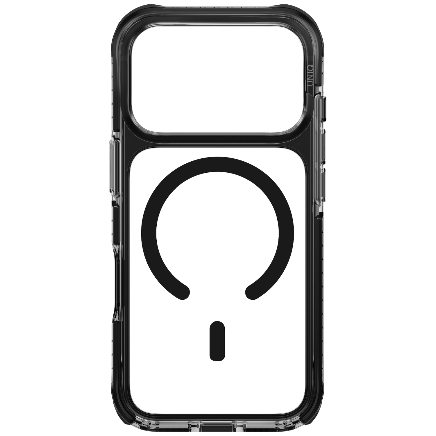 Coque de téléphone transparente avec bordure noire et icône de cercle magnétique sur fond blanc.