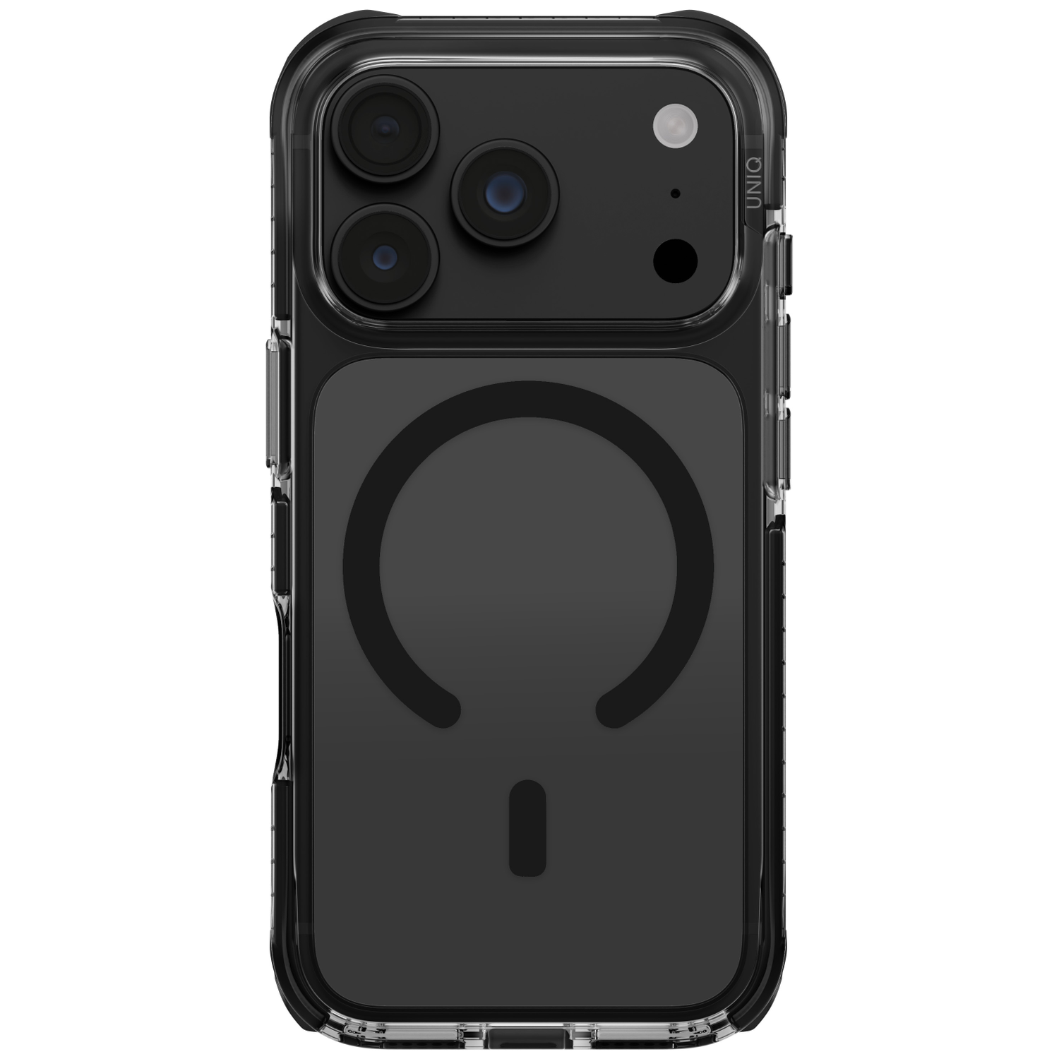 Dos d'un smartphone dans une coque transparente foncée, avec trois caméras et un anneau de charge MagSafe.