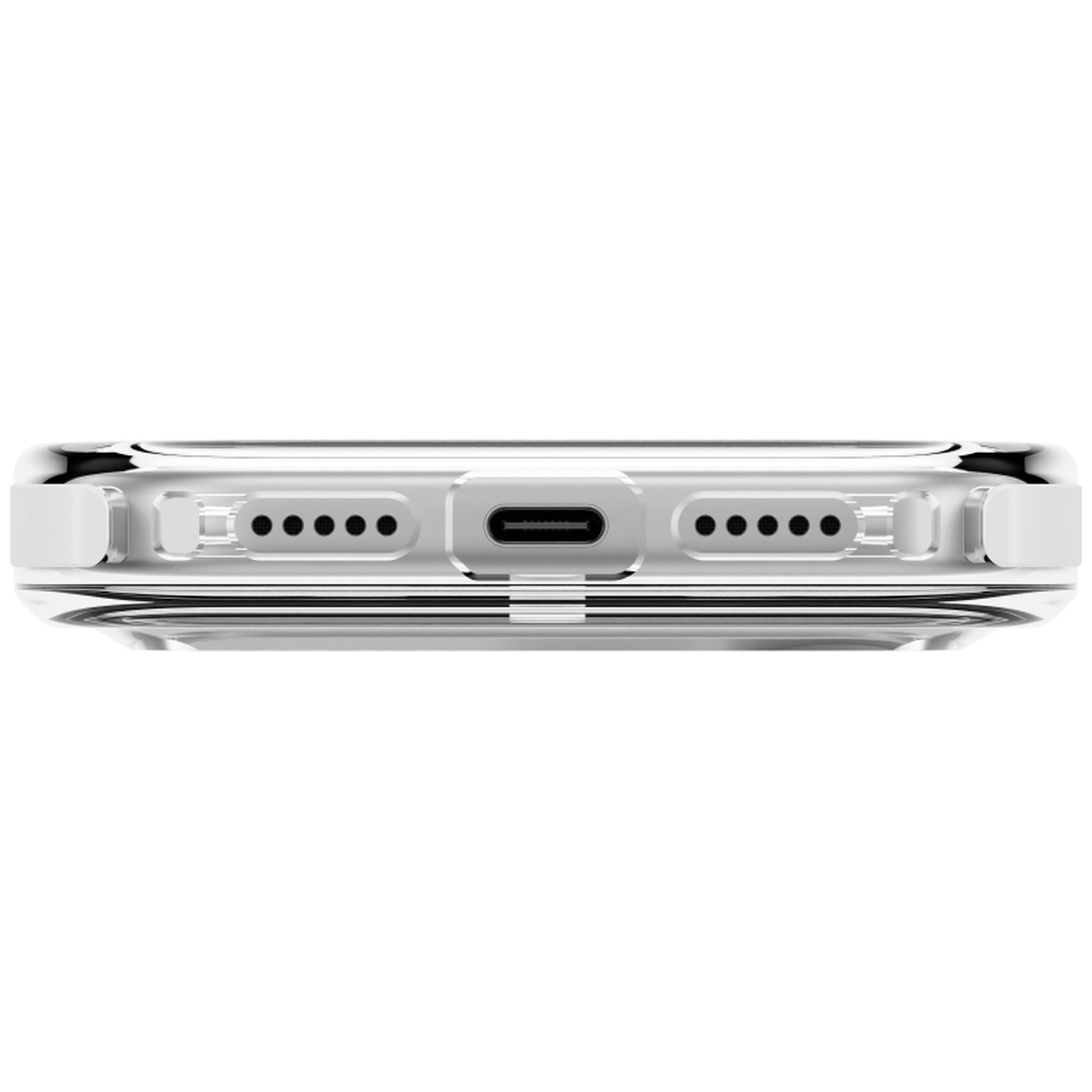 Onderkant van een smartphone met USB-C-poort, flankerend door speakers in een doorzichtige hoes.