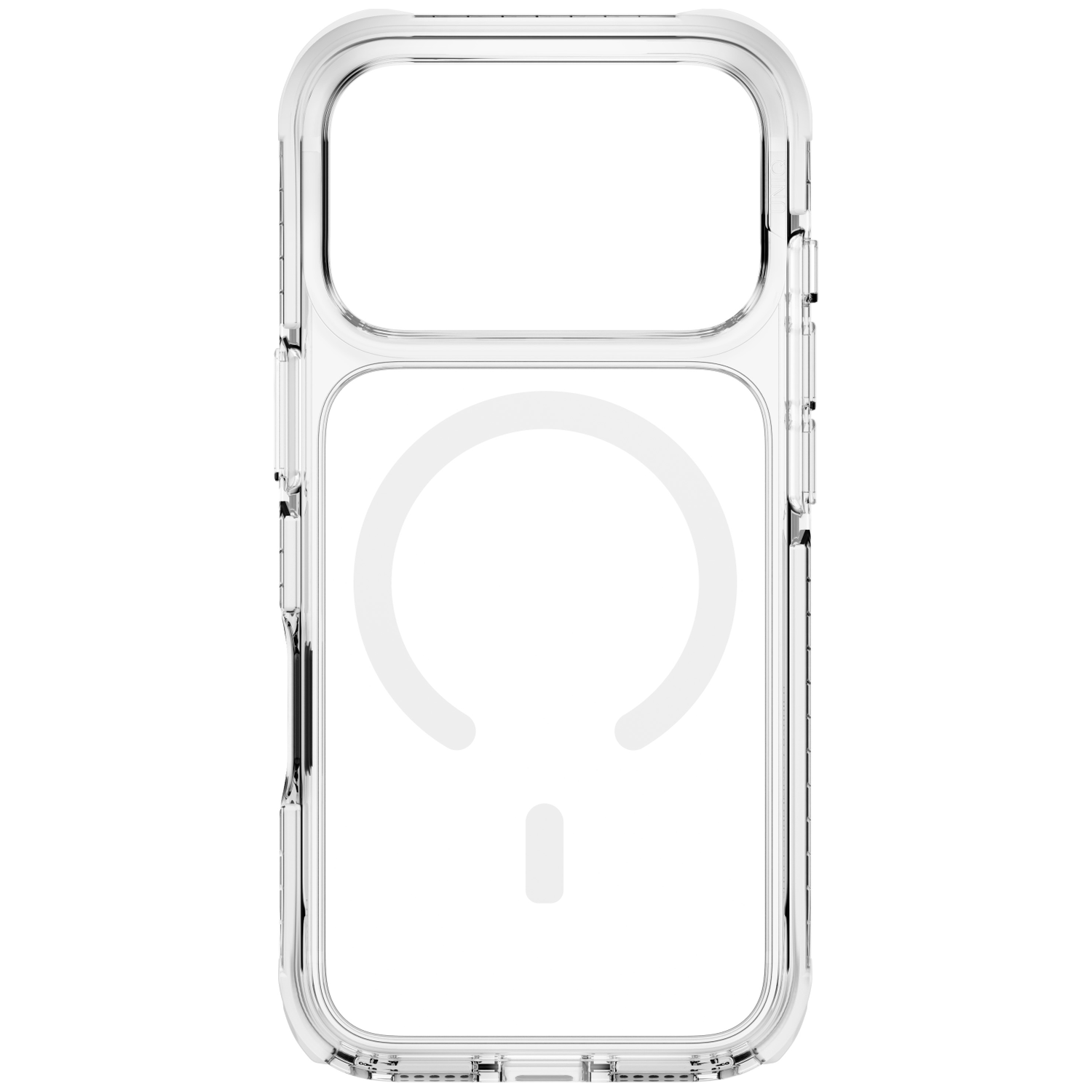 Transparant telefoonhoesje met geïntegreerde magnetische oplaadring op een witte achtergrond.