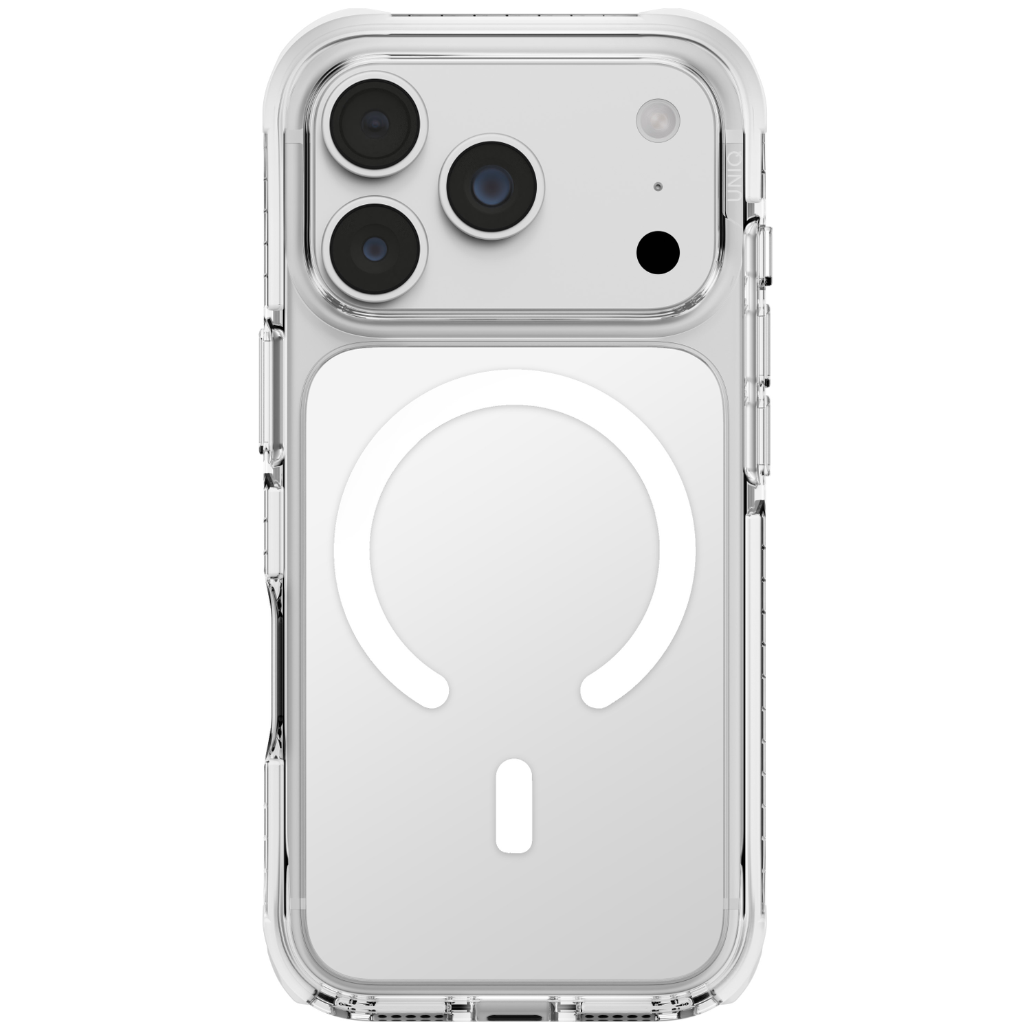 Een doorzichtige telefoonhoes met een witte MagSafe-ring en drie camera's.