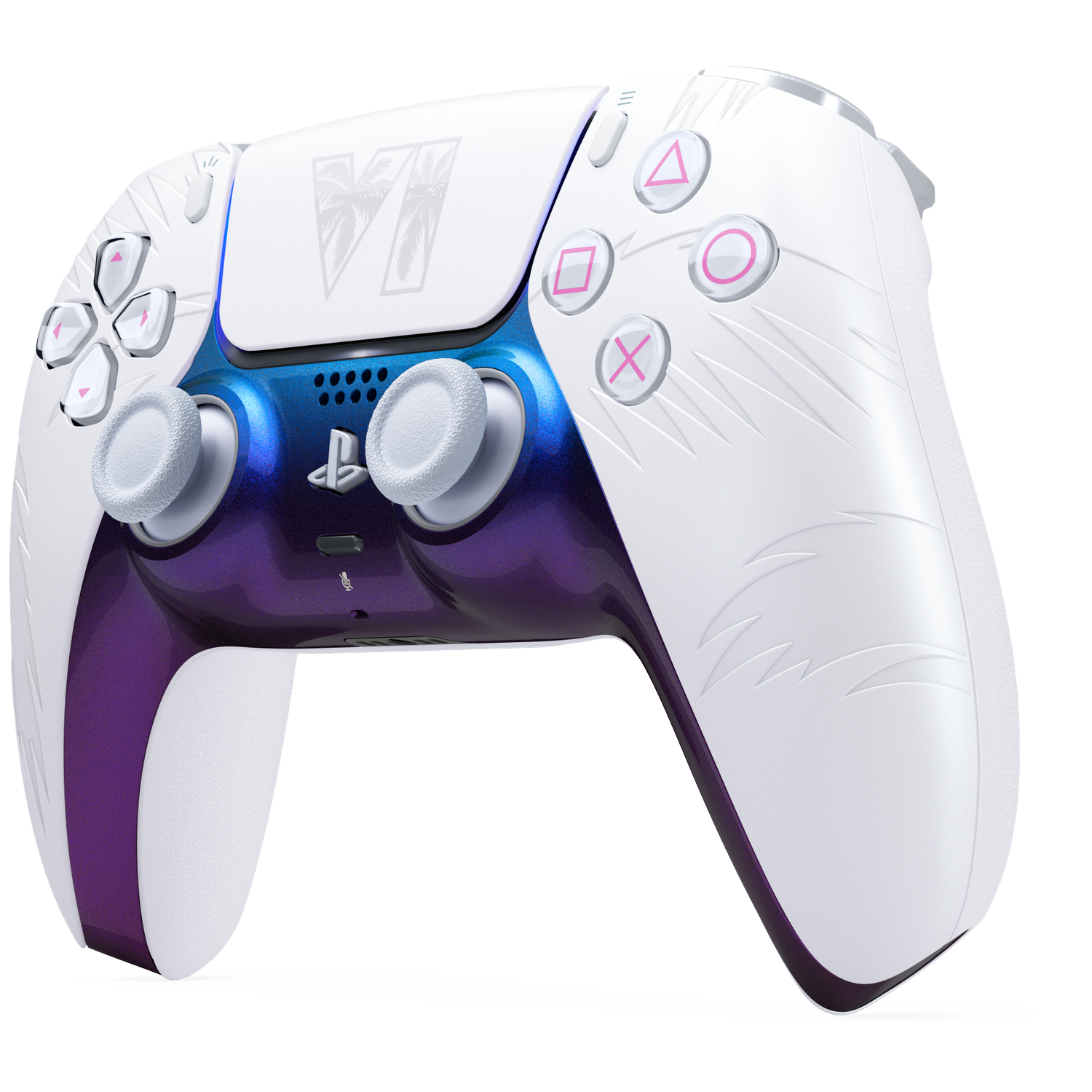 Une manette PlayStation DualSense blanche et violette avec un motif de palmier sur le pavé tactile, sur fond noir.