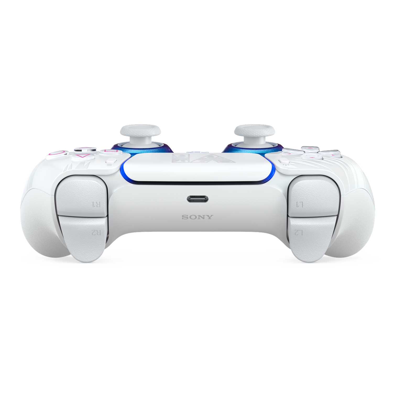 Une manette Sony PlayStation blanche avec des accents bleus et des boutons de tranche sur fond noir.