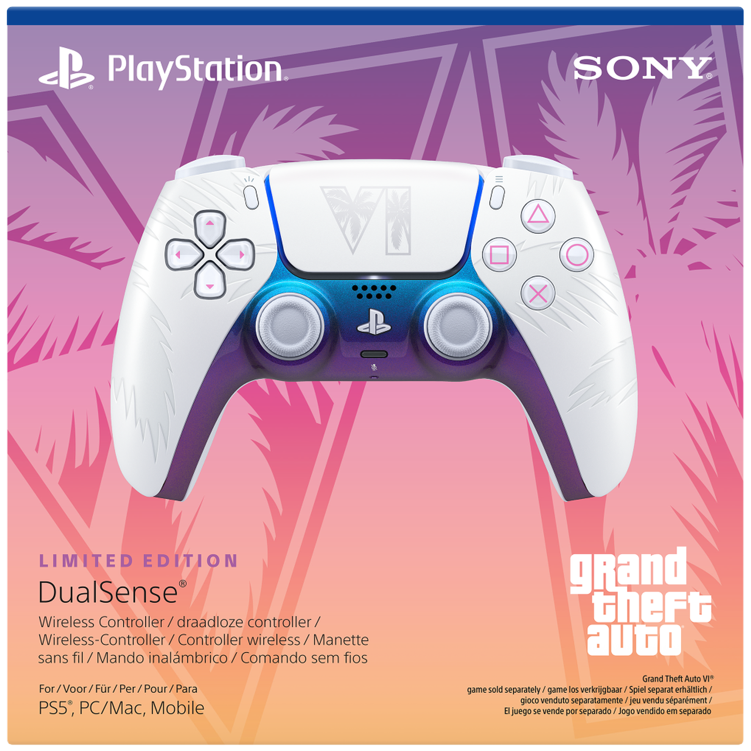 Une manette sans fil DualSense aux couleurs de Grand Theft Auto sur fond rose.