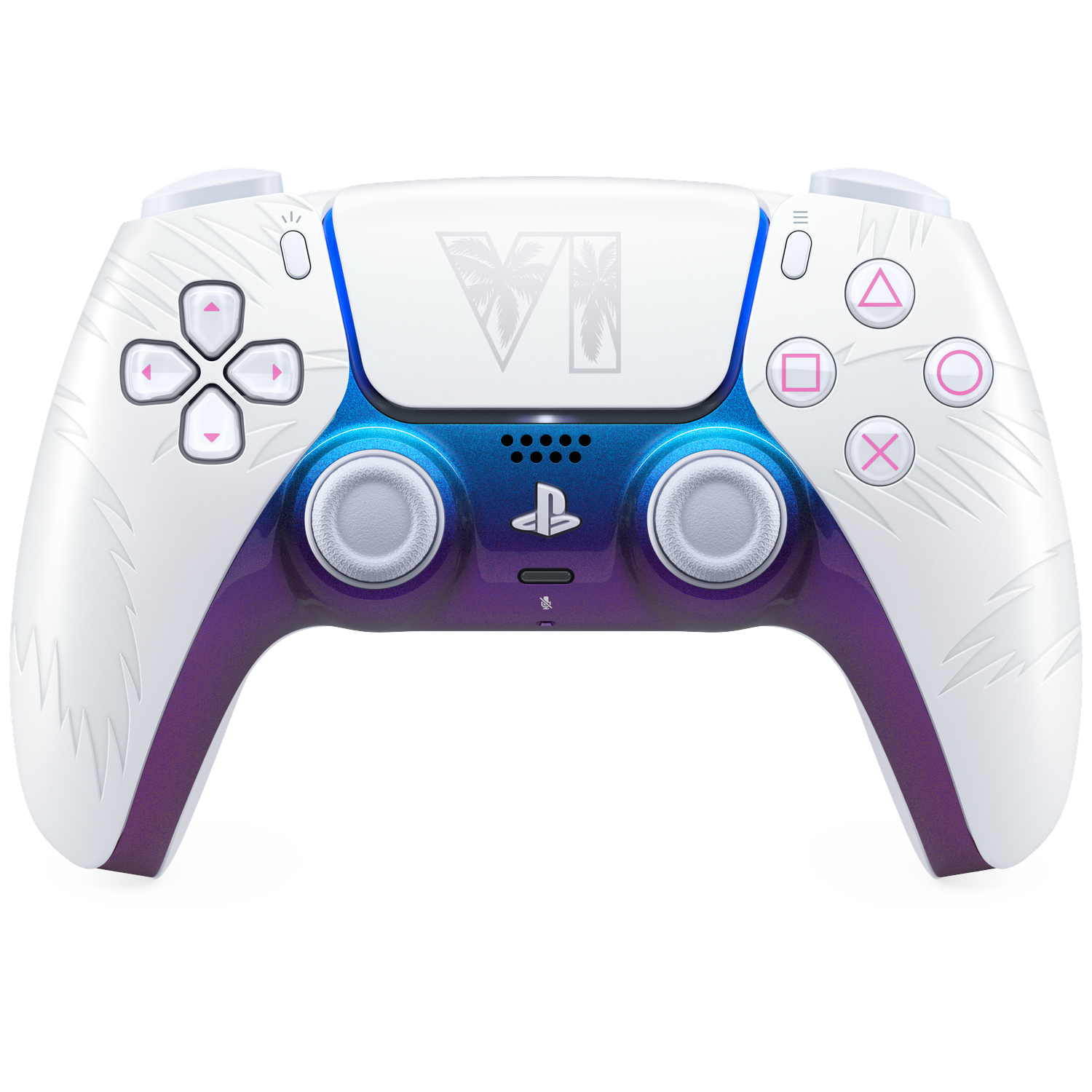 Une manette PlayStation 5 blanche, bleue et violette avec des palmiers et le chiffre six romain.