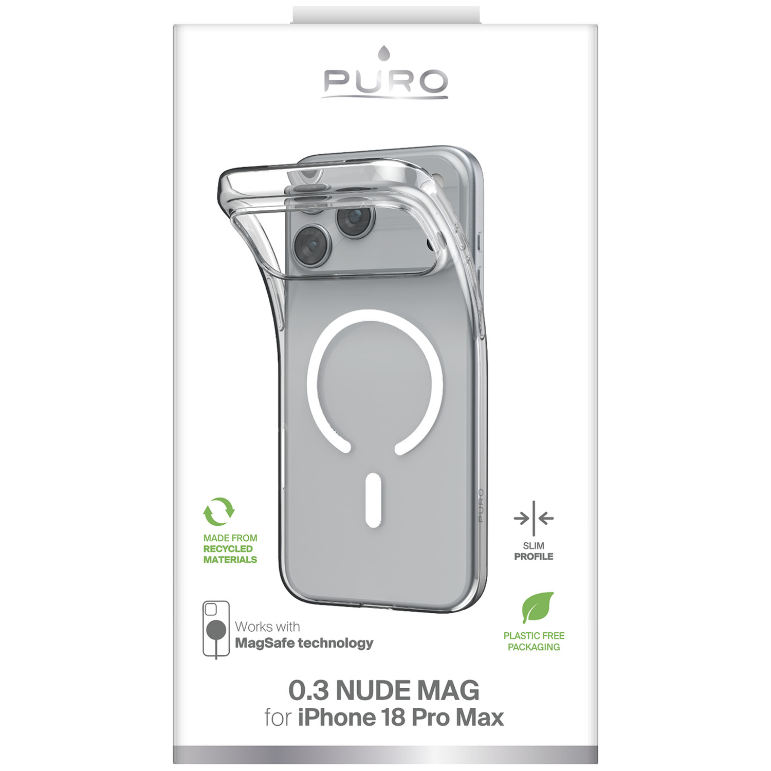 Verpakking voor Puro 0.3 Nude Mag telefoonhoesje voor iPhone 18 Pro Max met MagSafe.