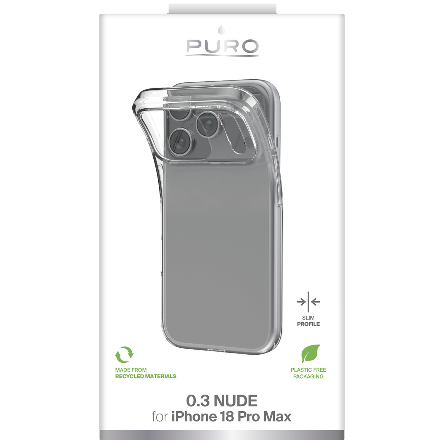 Transparant PURO telefoonhoesje voor iPhone 18 Pro Max in witte verpakking.