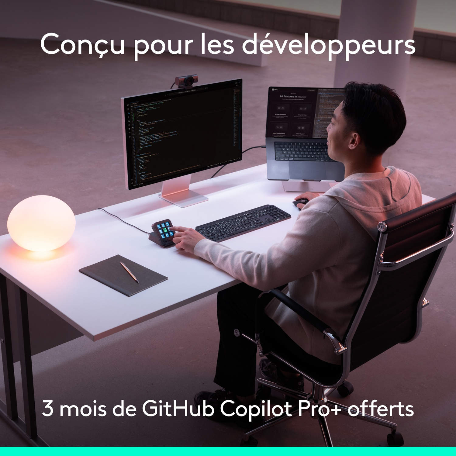 Un développeur à un bureau blanc avec deux écrans et une lampe sphérique lumineuse.