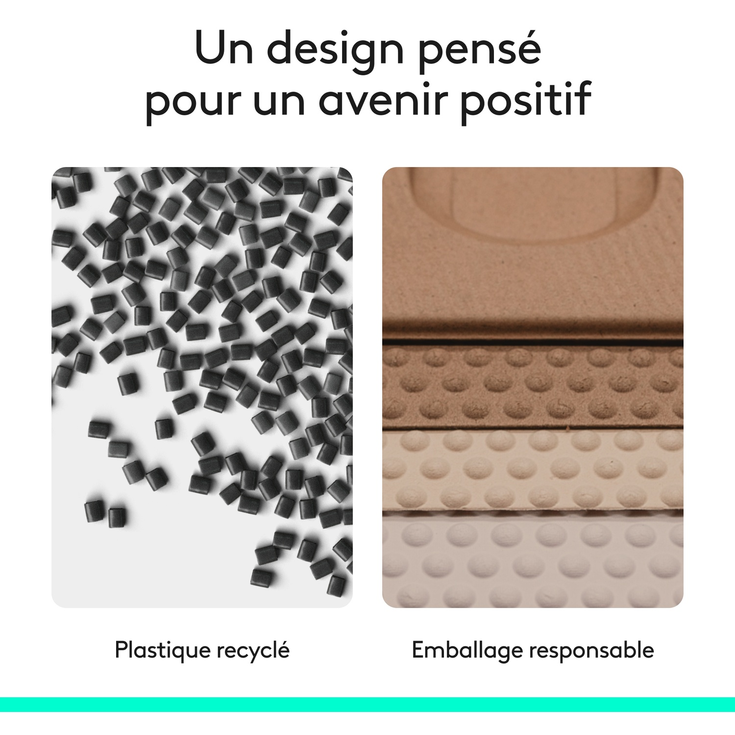 Publicité française montrant des granulés de plastique recyclé noir à gauche et un emballage éco-responsable marron à droite.