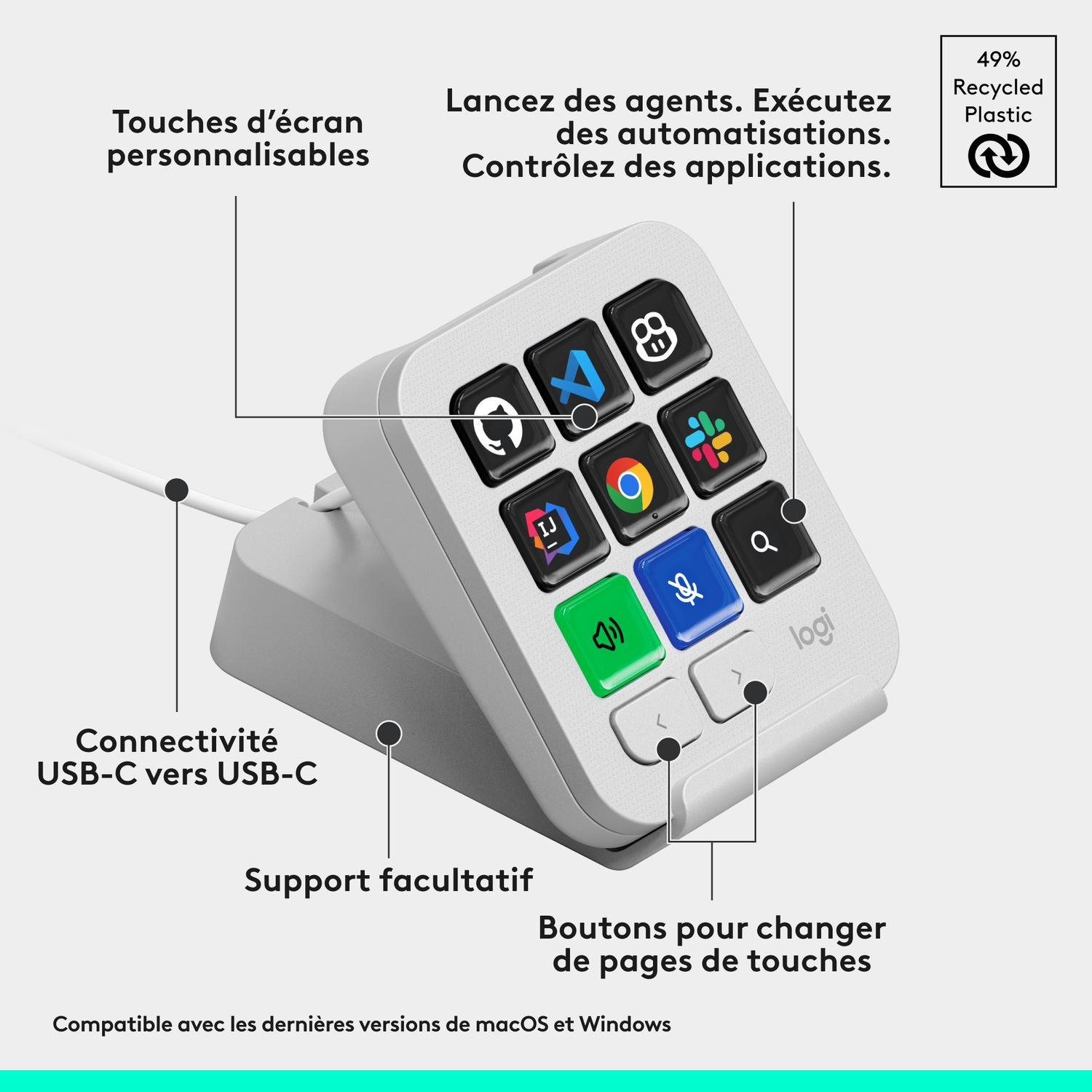 Périphérique Logitech avec touches personnalisables, câble USB-C, support et icônes d'applications.