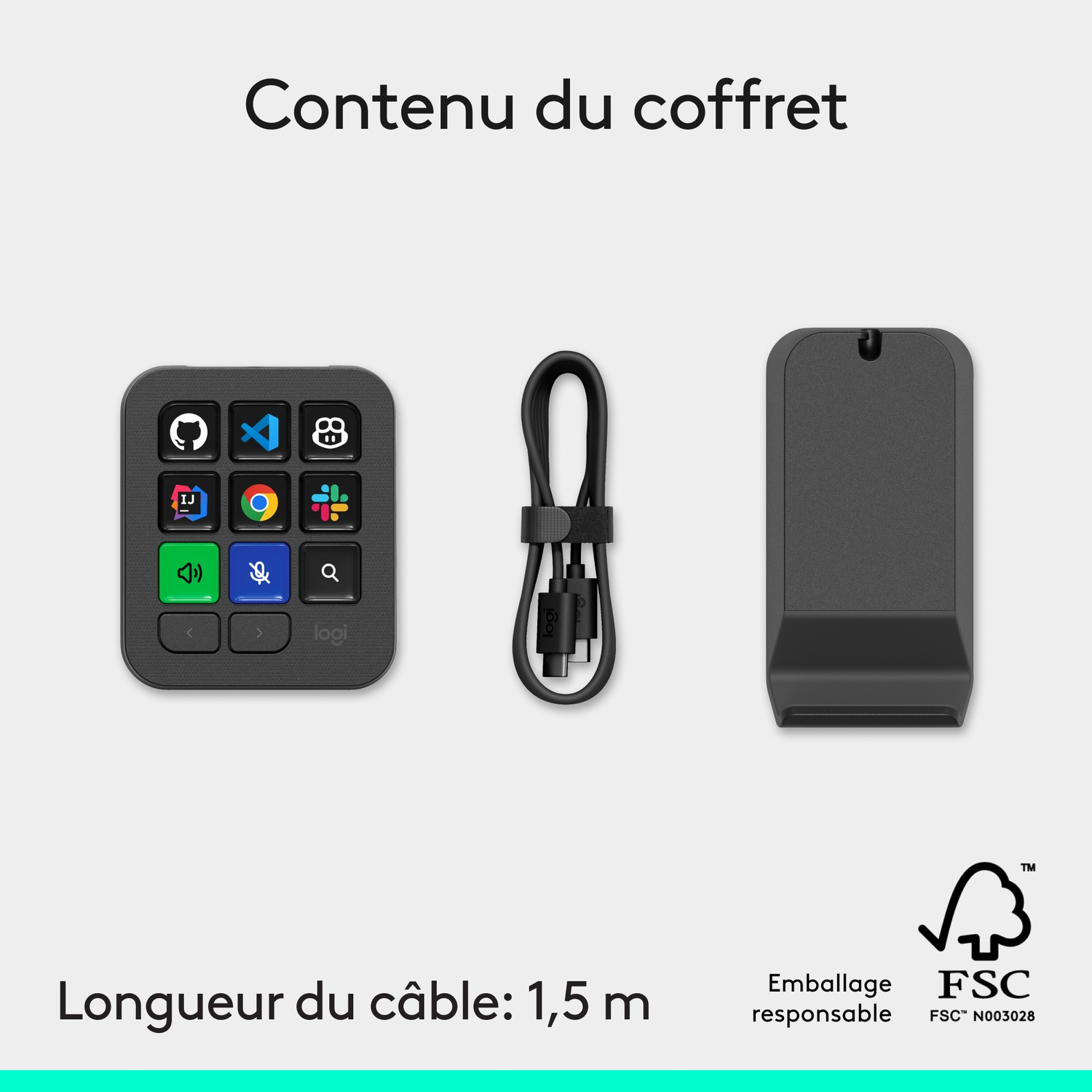 Contenu de la boîte avec un pavé macro noir, câble USB-C et support sur fond gris.