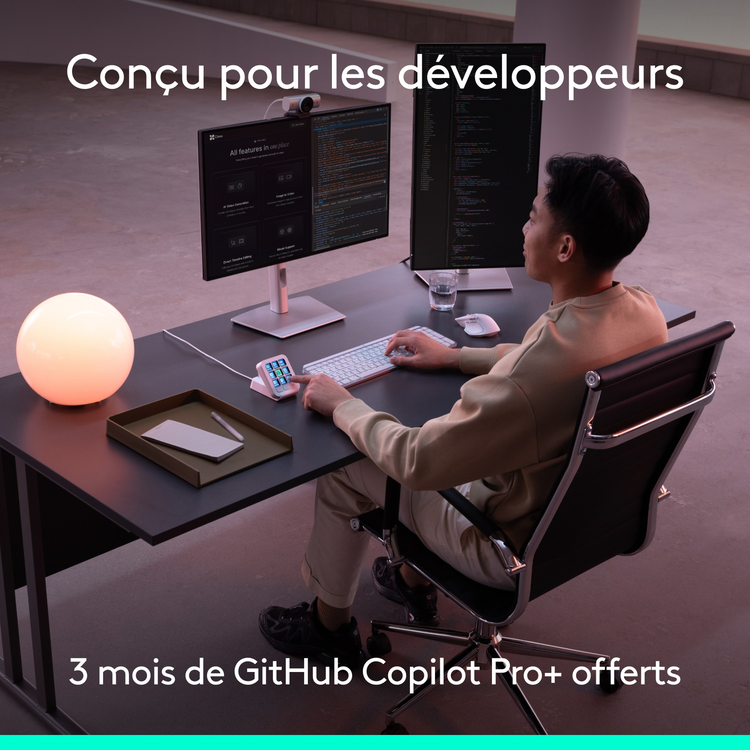Un développeur est assis à un bureau moderne avec deux moniteurs et travaille sur un ordinateur.