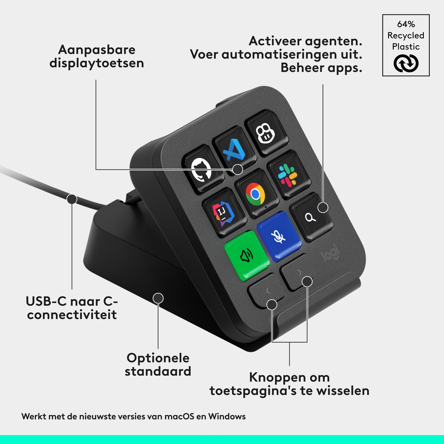 Een zwarte Logitech macro-pad met aanpasbare displaytoetsen, USB-C en standaard op een grijze achtergrond.