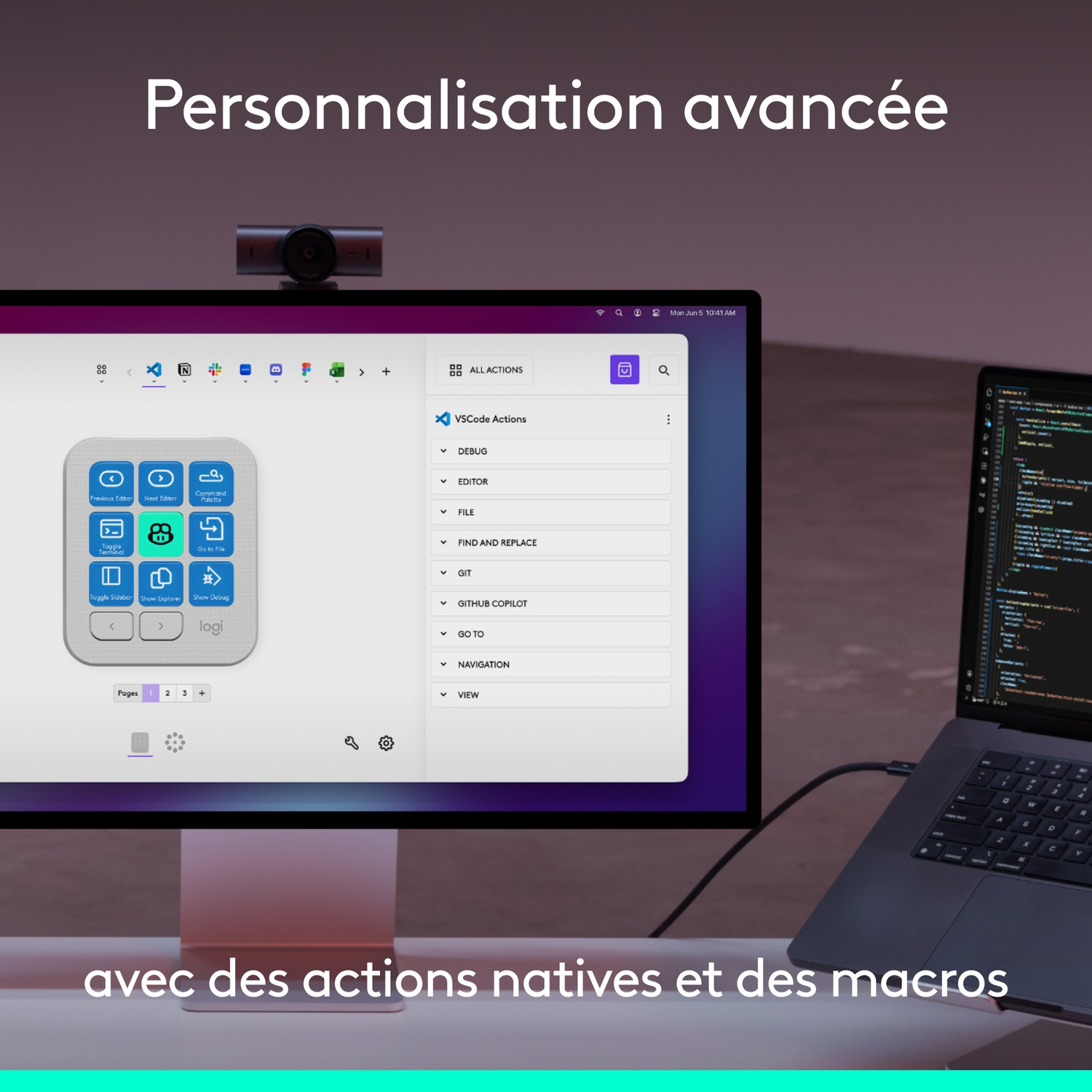 Un écran d'ordinateur affiche des paramètres logiciels avec des options de contrôle à côté d'un ordinateur portable.