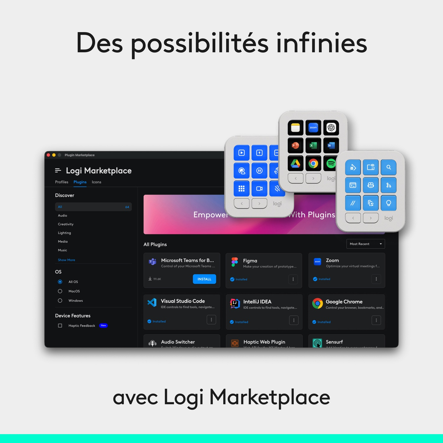 Application Logi Marketplace sur un écran avec trois macropads personnalisables affichant diverses icônes d'applications.